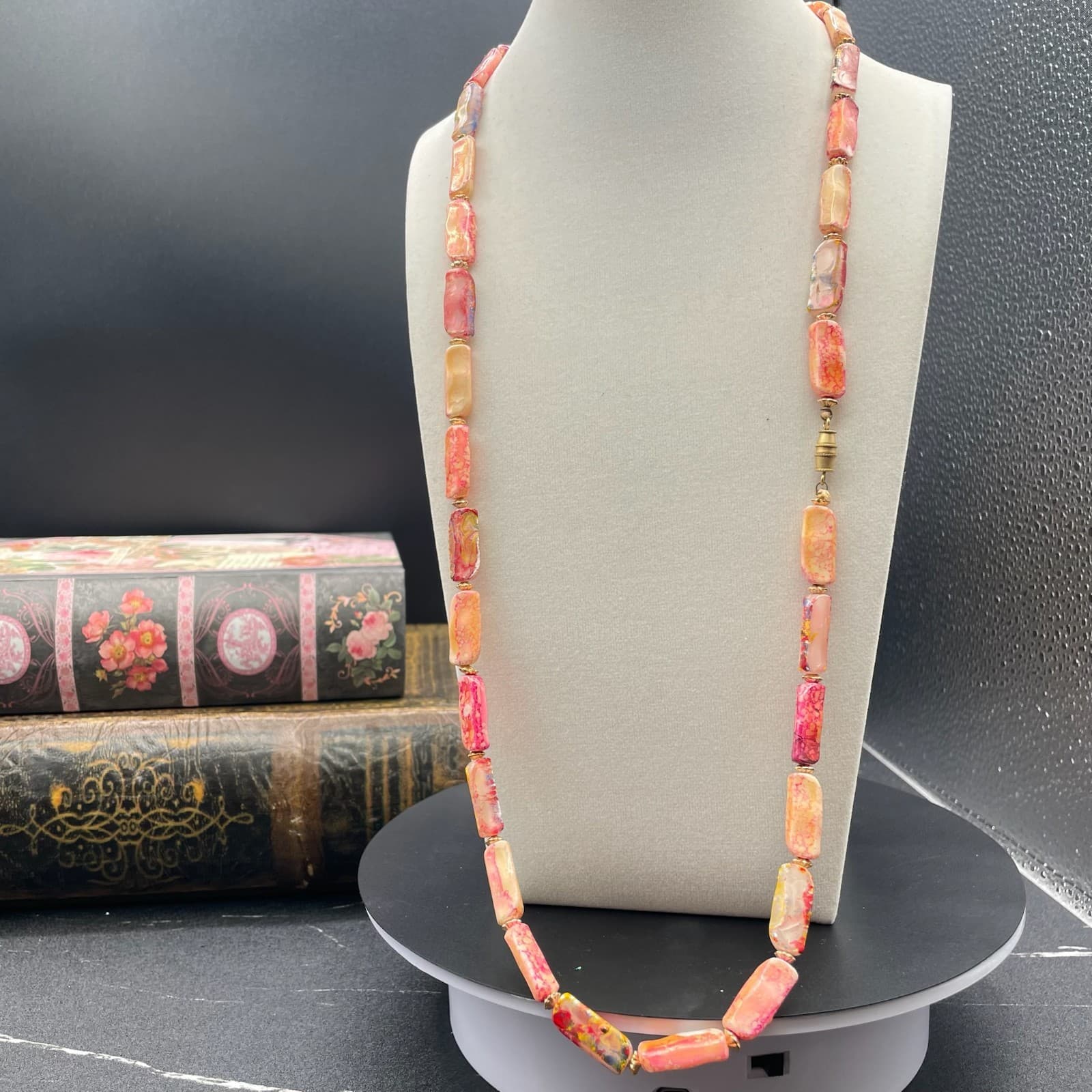 Multi-Color Classic Long Rectangular Tablet Opal Beaded Strand Magnetic Necklace - Thumbnail 3