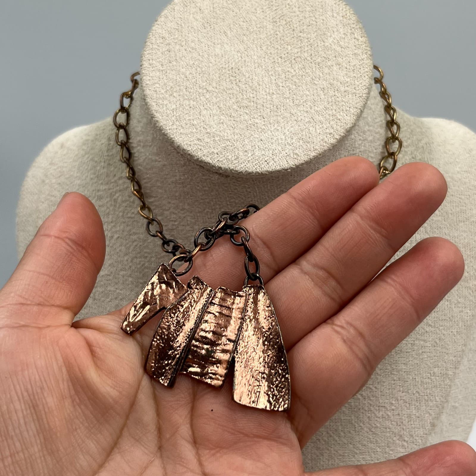 Vintage Modernist Copper Abstract Charm Necklace Mixed Metal Artisan Statement - Thumbnail 7