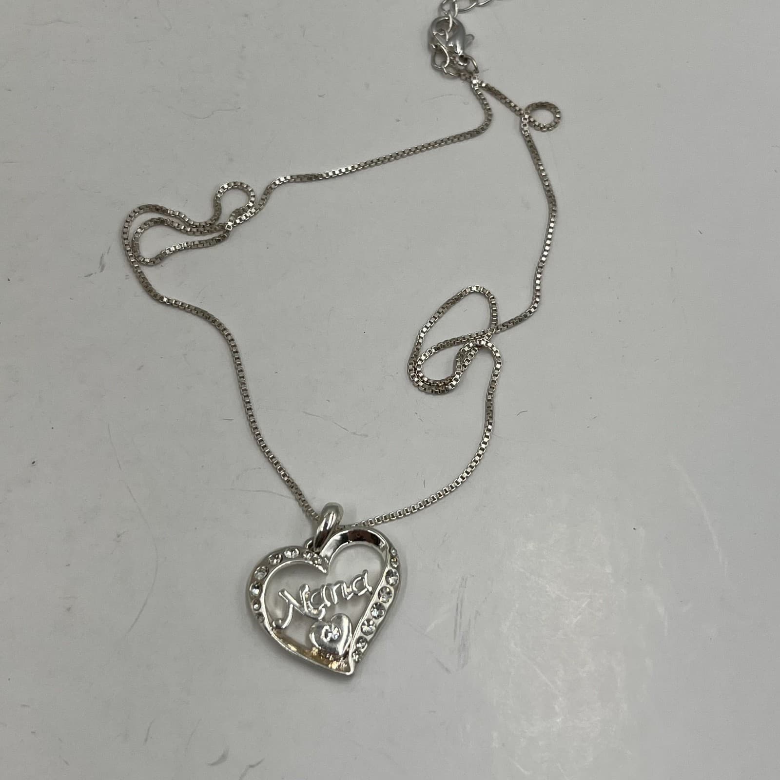 Gift Jewelry Silver-Tone Box Chain Clear Rhinestone Nana Heart Pendant Necklace - Thumbnail 6