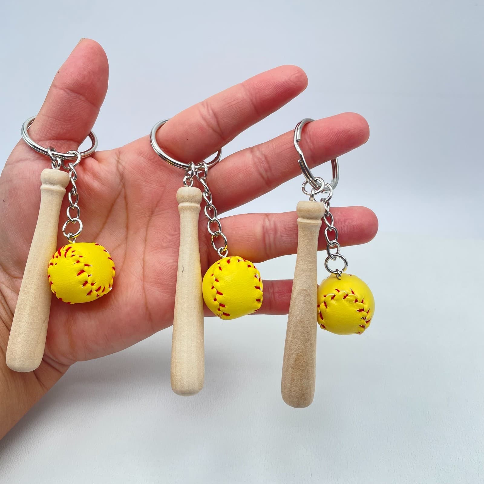 Vintage 90s Silver Tone Mini Yellow Soft Baseball Wood Bat Charm Keychain - Thumbnail 3