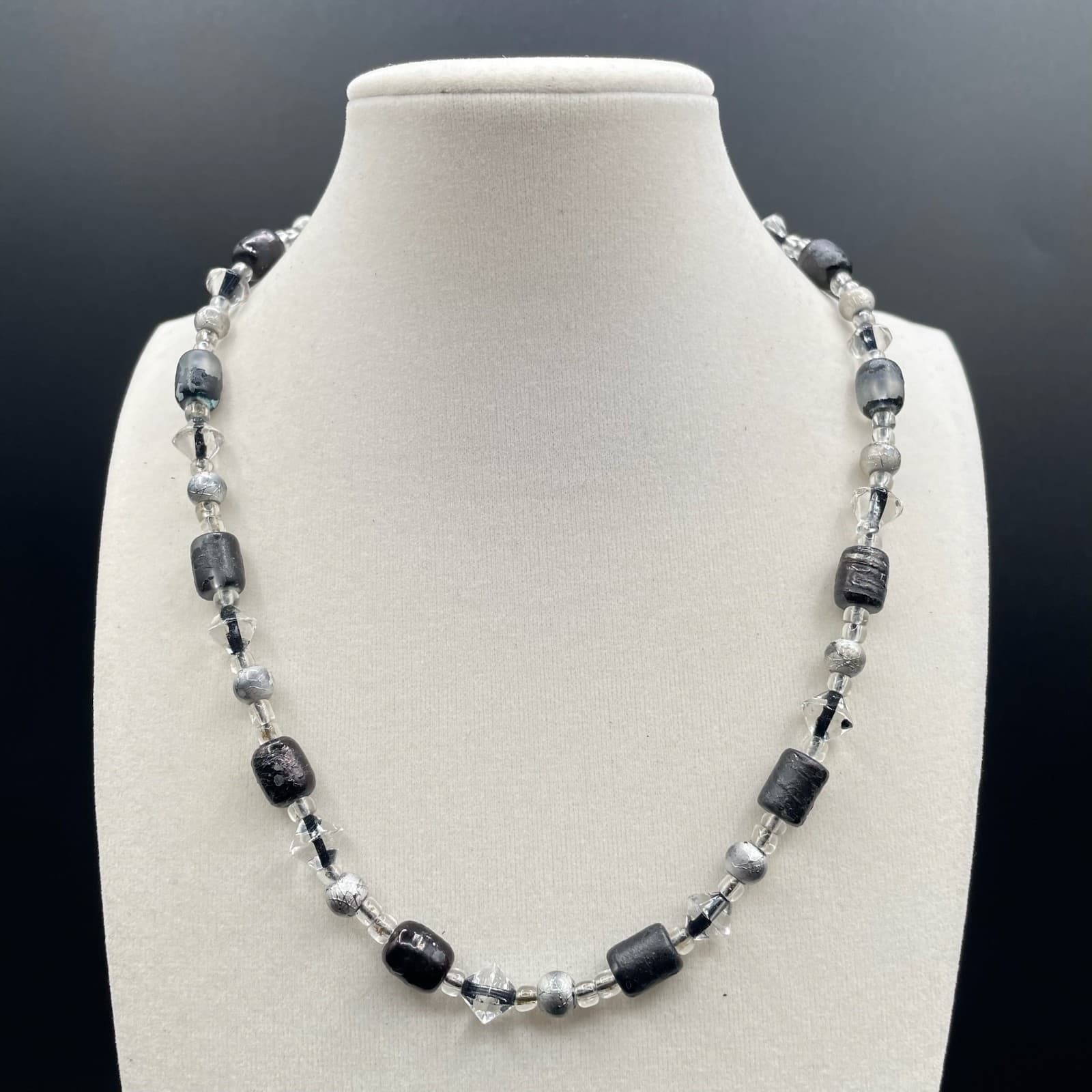 Vintage Black Gray Classic Cord Clear Faceted Glass Beaded Statement Necklace - Thumbnail 2