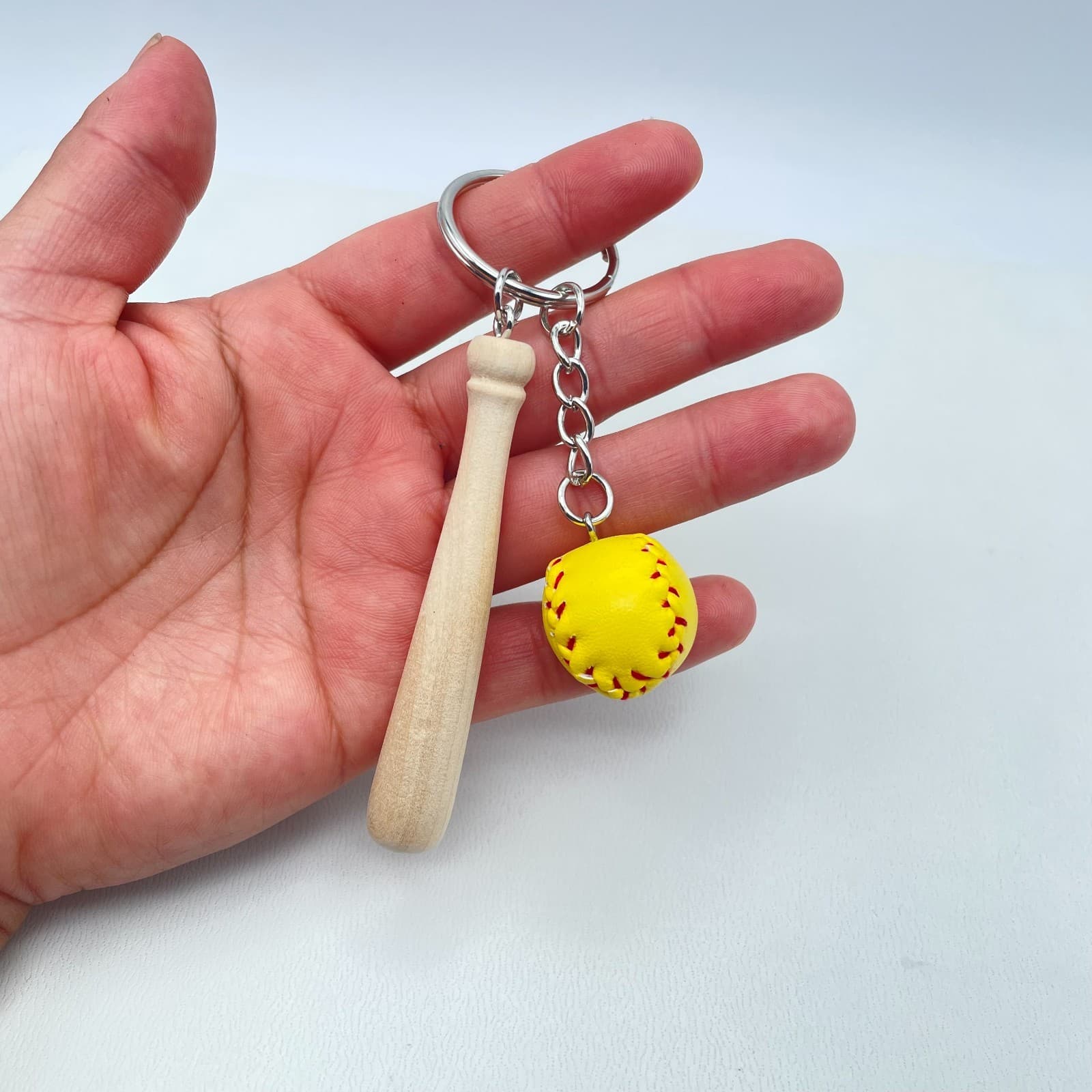 Vintage 90s Silver Tone Mini Yellow Soft Baseball Wood Bat Charm Keychain - Thumbnail 2