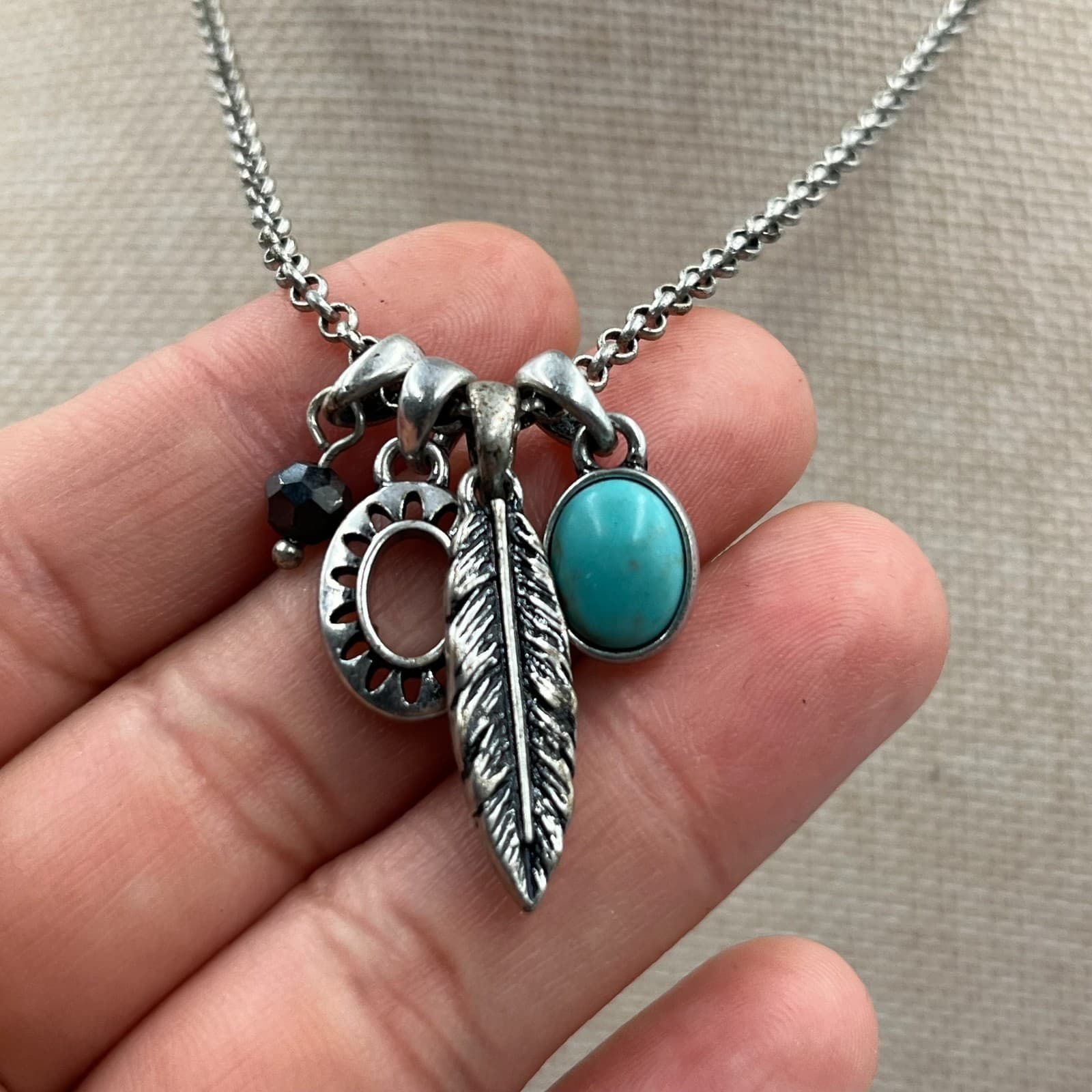 Western Silver-Tone Rolo Chain Feather Turquoise & Sun Charm Cluster Necklace - Thumbnail 4