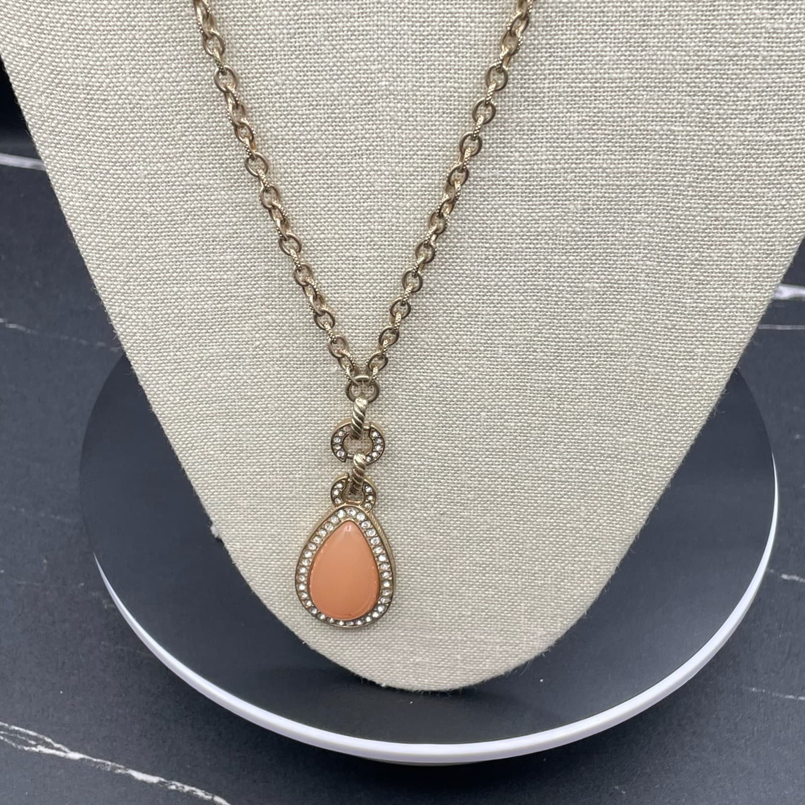 Vintage Gold-Tone Rolo Link Chain Rhinestone Teardrop Pendant Necklace - Thumbnail 7