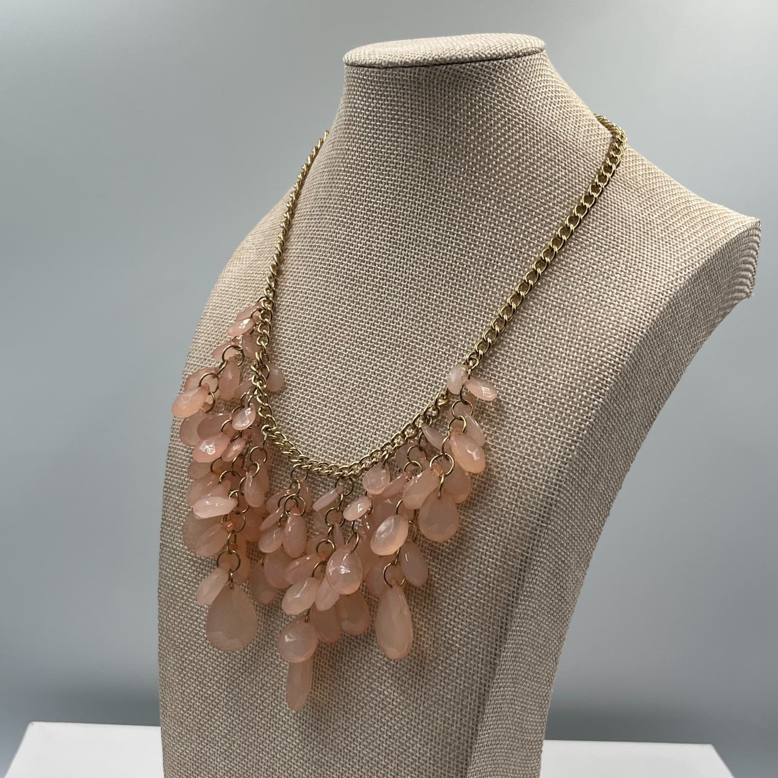 Gold-Tone Pastel Pink Teardrop Beaded Waterfall Fringe Bib Statement Necklace - Thumbnail 6