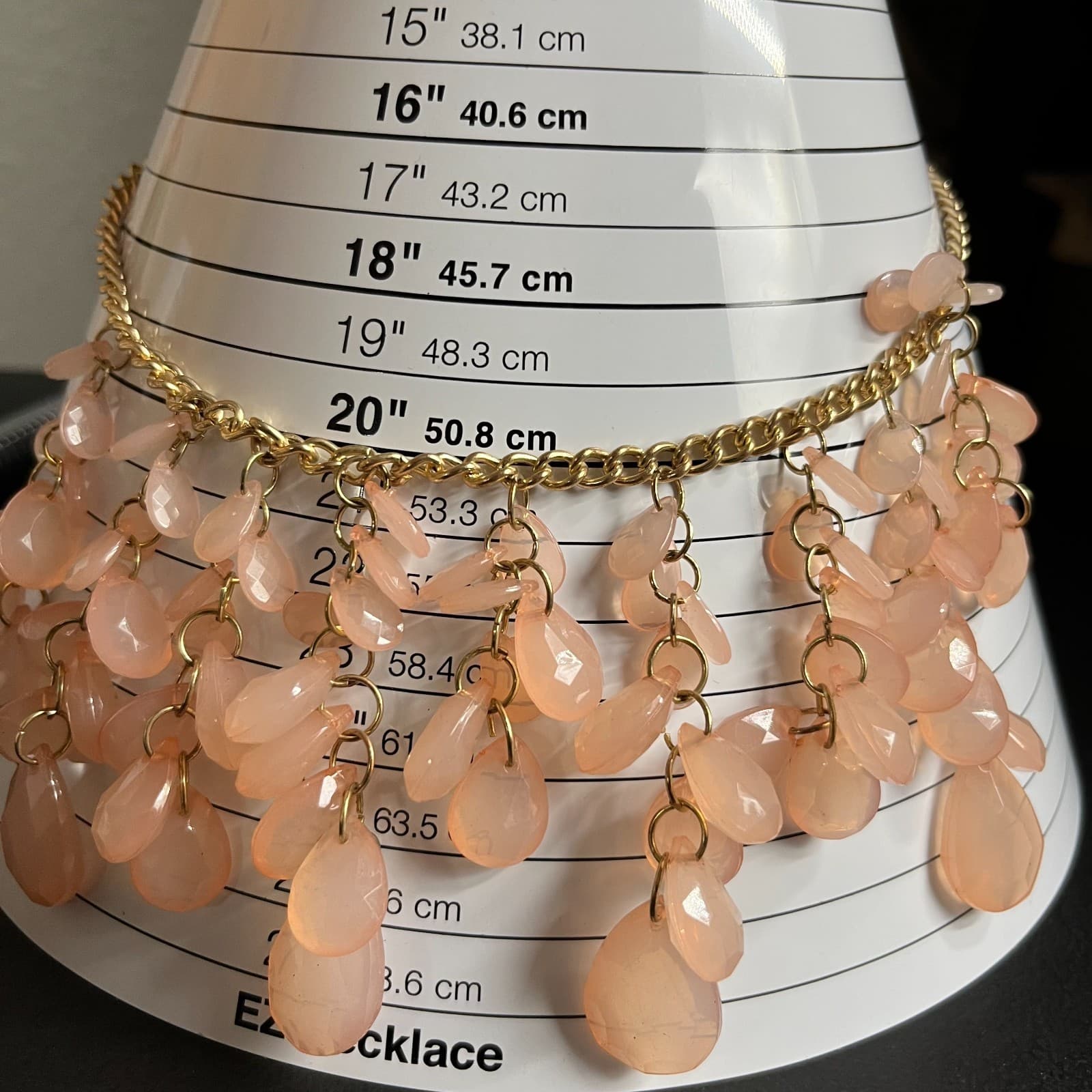 Gold-Tone Pastel Pink Teardrop Beaded Waterfall Fringe Bib Statement Necklace - Thumbnail 8