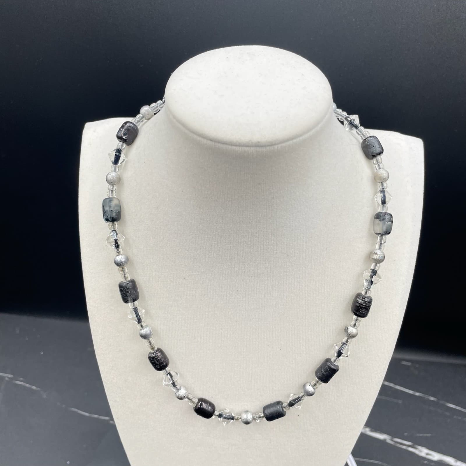 Vintage Black Gray Classic Cord Clear Faceted Glass Beaded Statement Necklace - Image 1