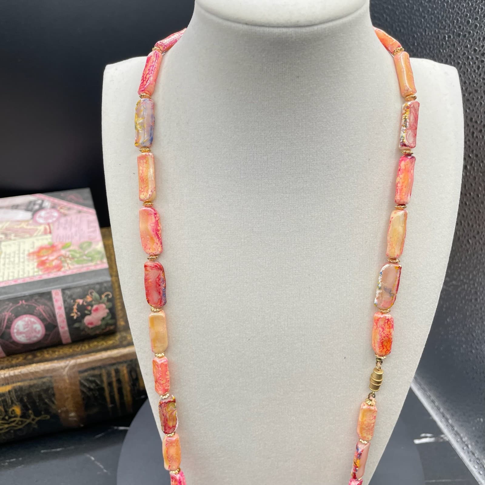 Multi-Color Classic Long Rectangular Tablet Opal Beaded Strand Magnetic Necklace - Thumbnail 2