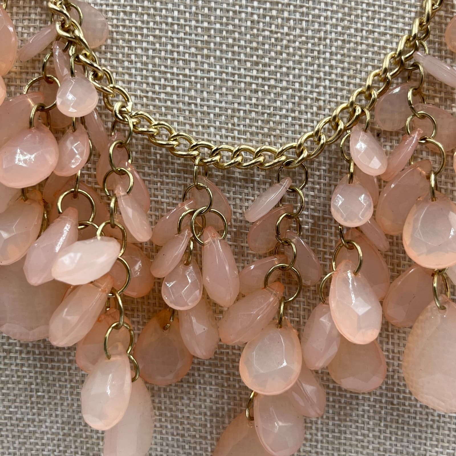 Gold-Tone Pastel Pink Teardrop Beaded Waterfall Fringe Bib Statement Necklace - Thumbnail 3