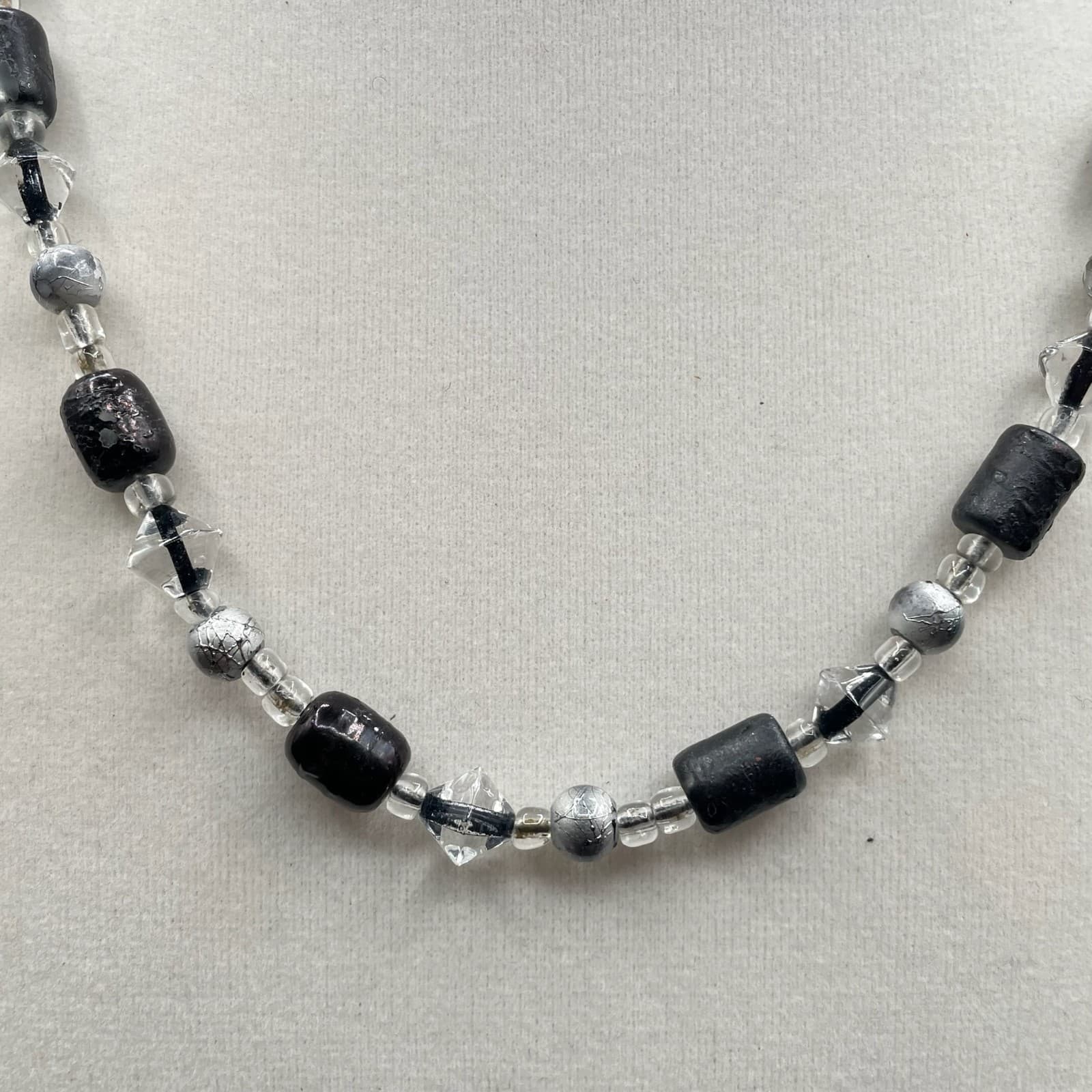 Vintage Black Gray Classic Cord Clear Faceted Glass Beaded Statement Necklace - Thumbnail 5