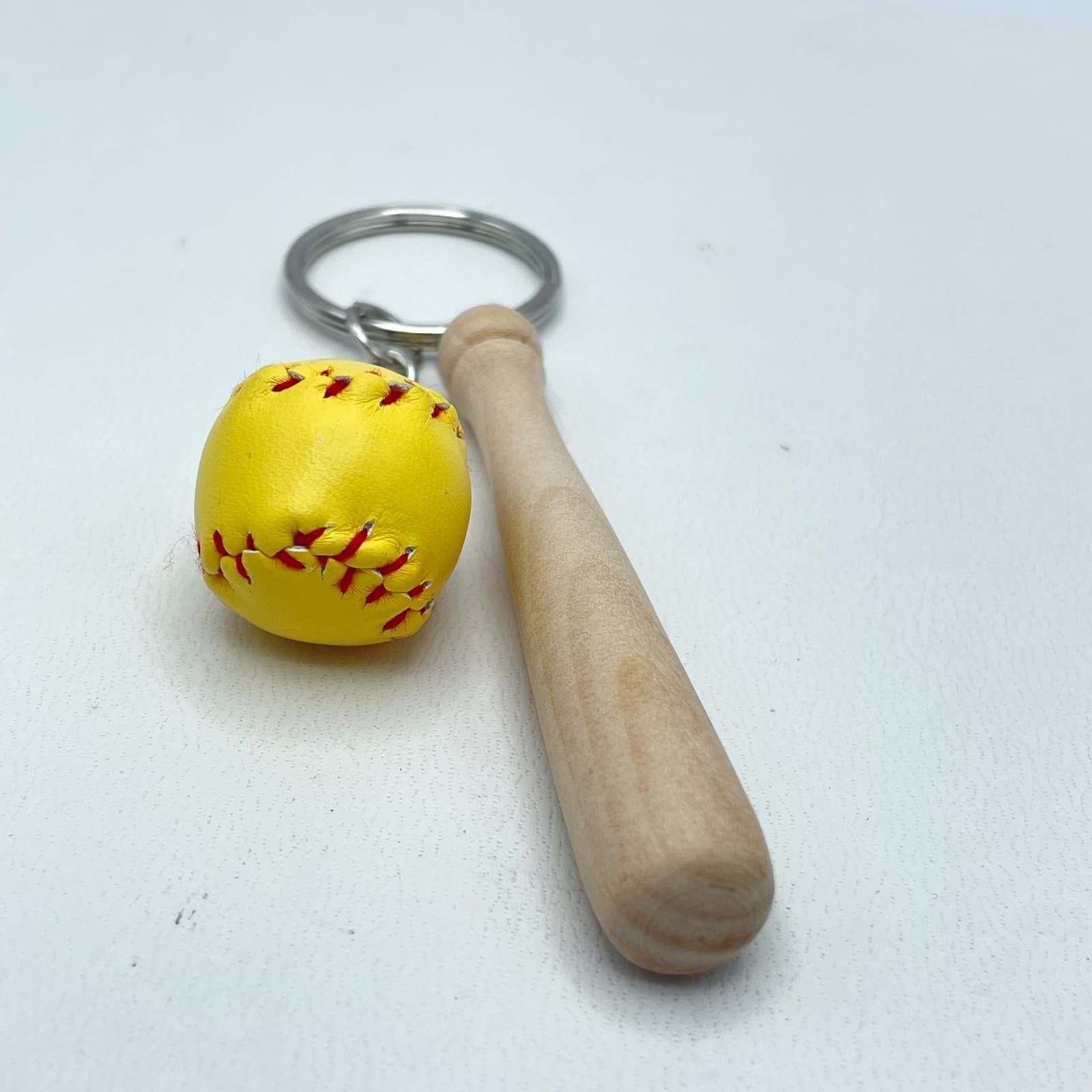 Vintage 90s Silver Tone Mini Yellow Soft Baseball Wood Bat Charm Keychain - Thumbnail 4