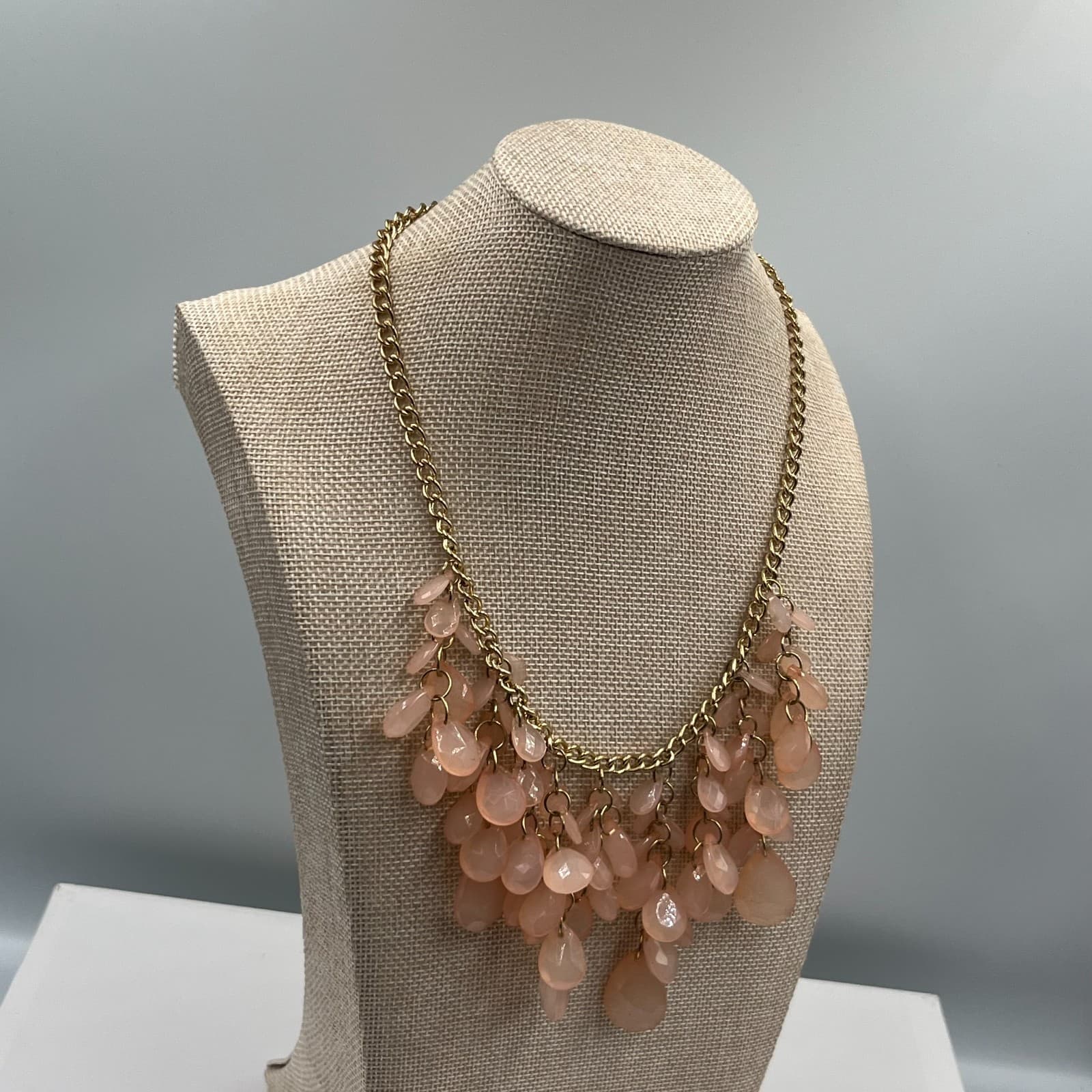 Gold-Tone Pastel Pink Teardrop Beaded Waterfall Fringe Bib Statement Necklace - Thumbnail 4
