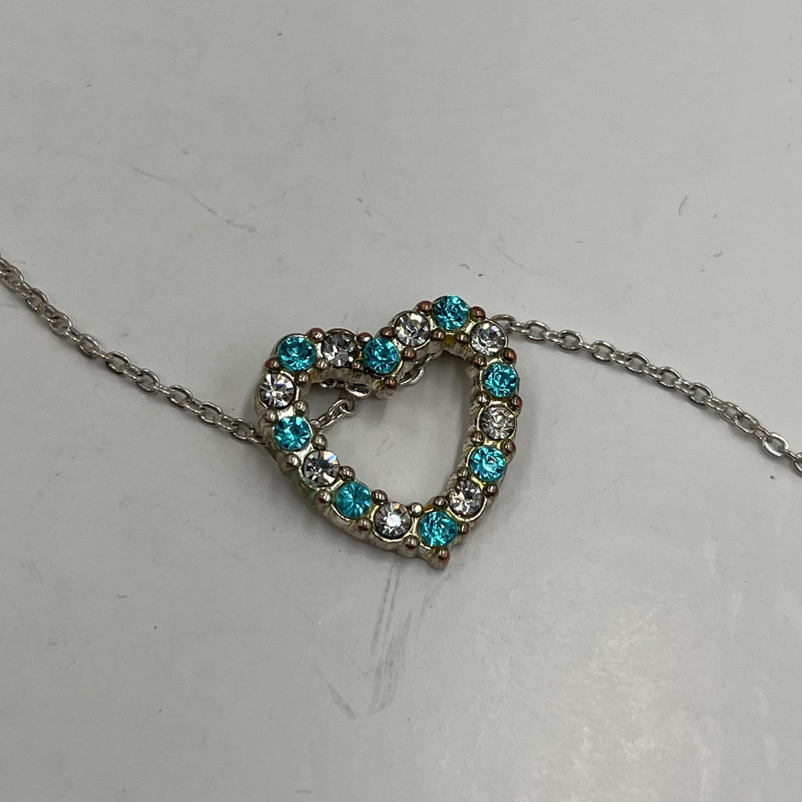 VTG Silver-Tone Teal Faceted Pave-Set Rhinestone Heart Pendant Lobster Necklace - Thumbnail 8