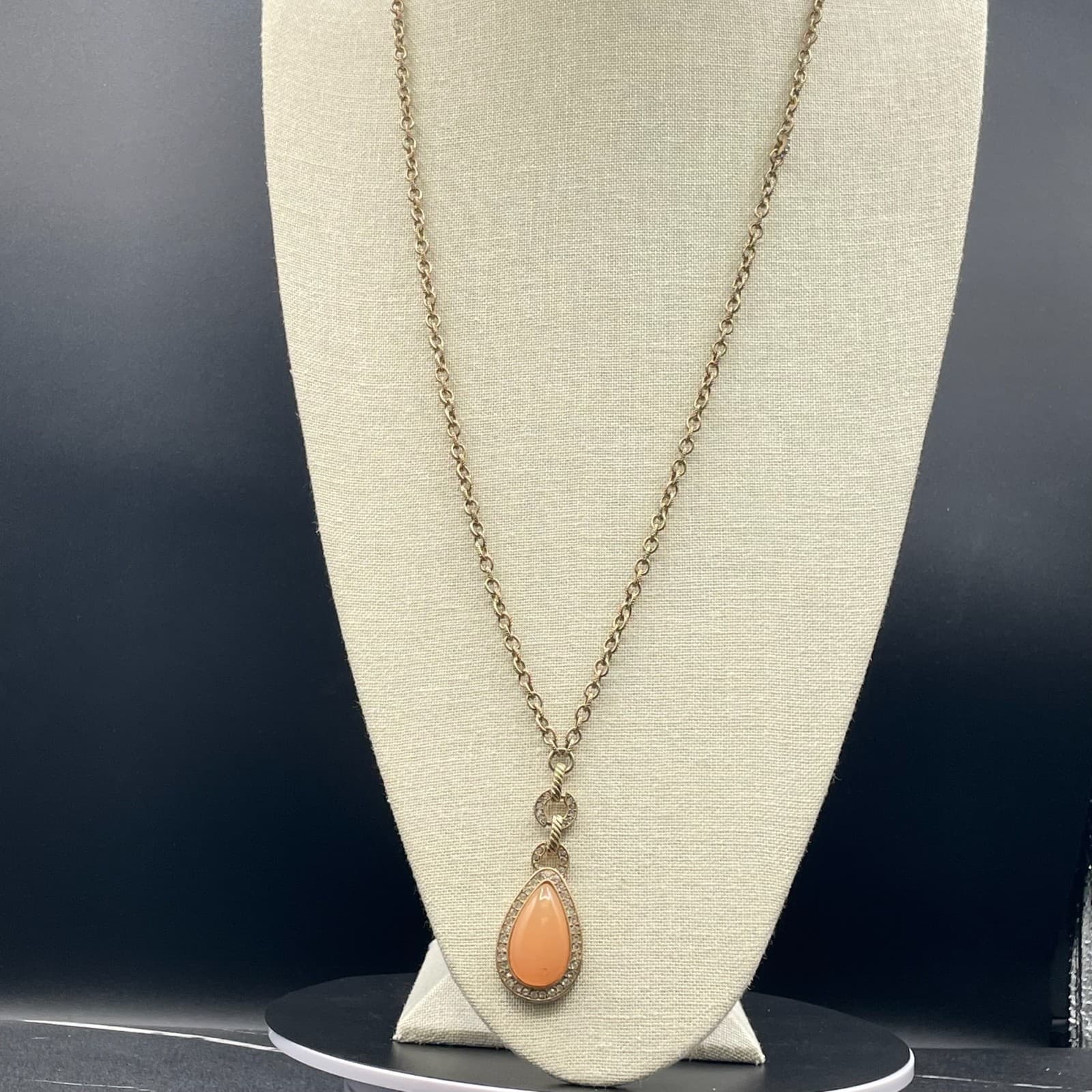 Vintage Gold-Tone Rolo Link Chain Rhinestone Teardrop Pendant Necklace - Thumbnail 2