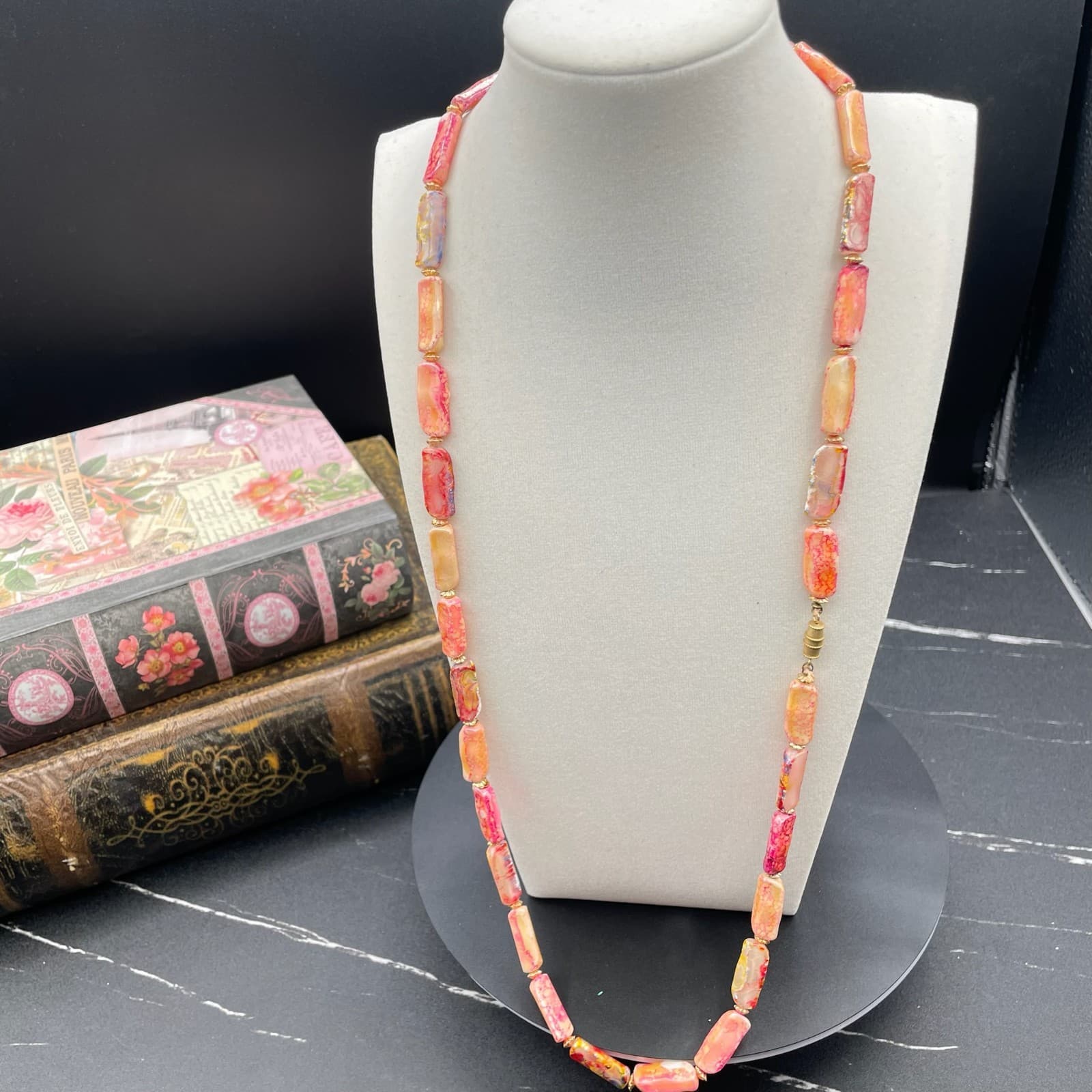 Multi-Color Classic Long Rectangular Tablet Opal Beaded Strand Magnetic Necklace - Thumbnail 4