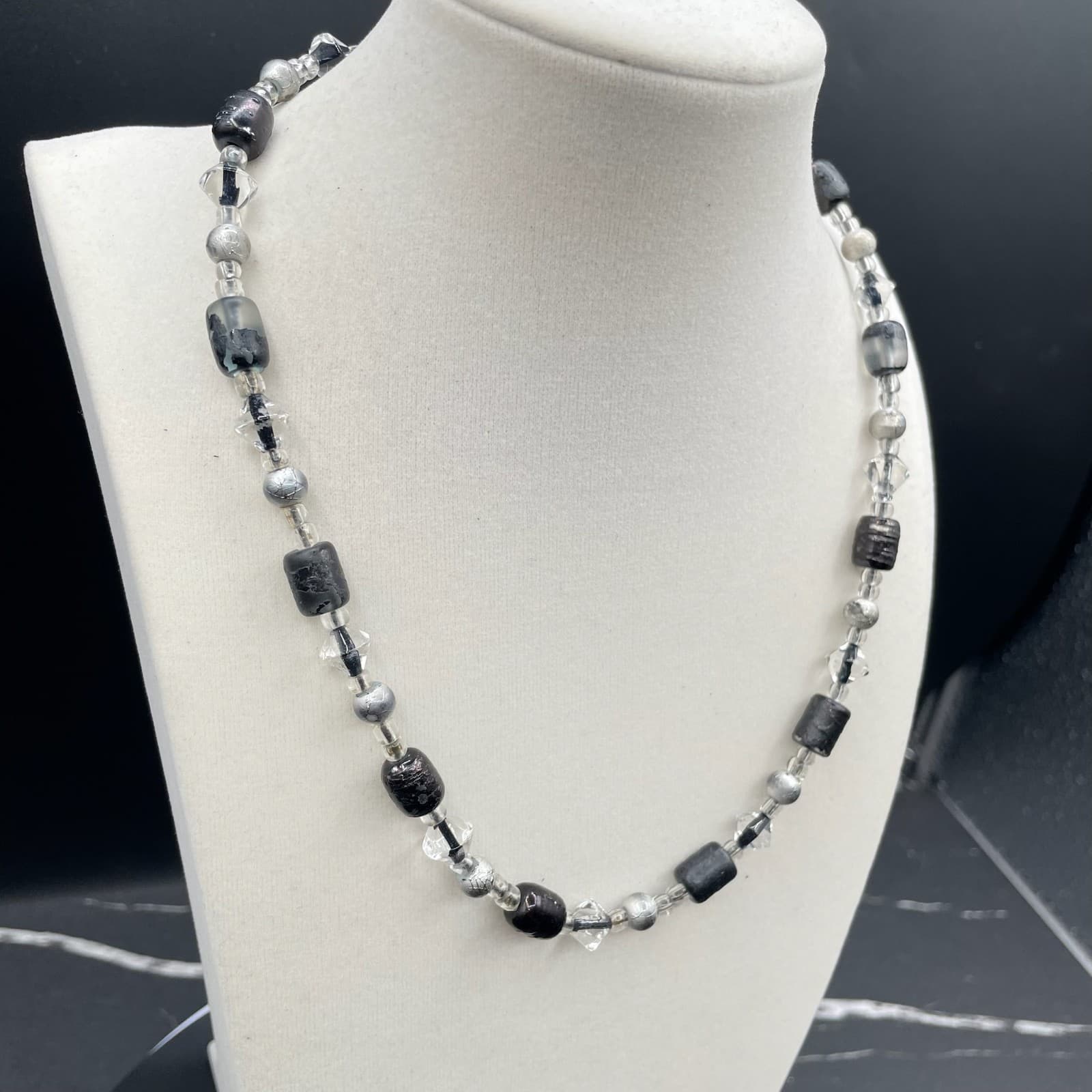 Vintage Black Gray Classic Cord Clear Faceted Glass Beaded Statement Necklace - Thumbnail 4