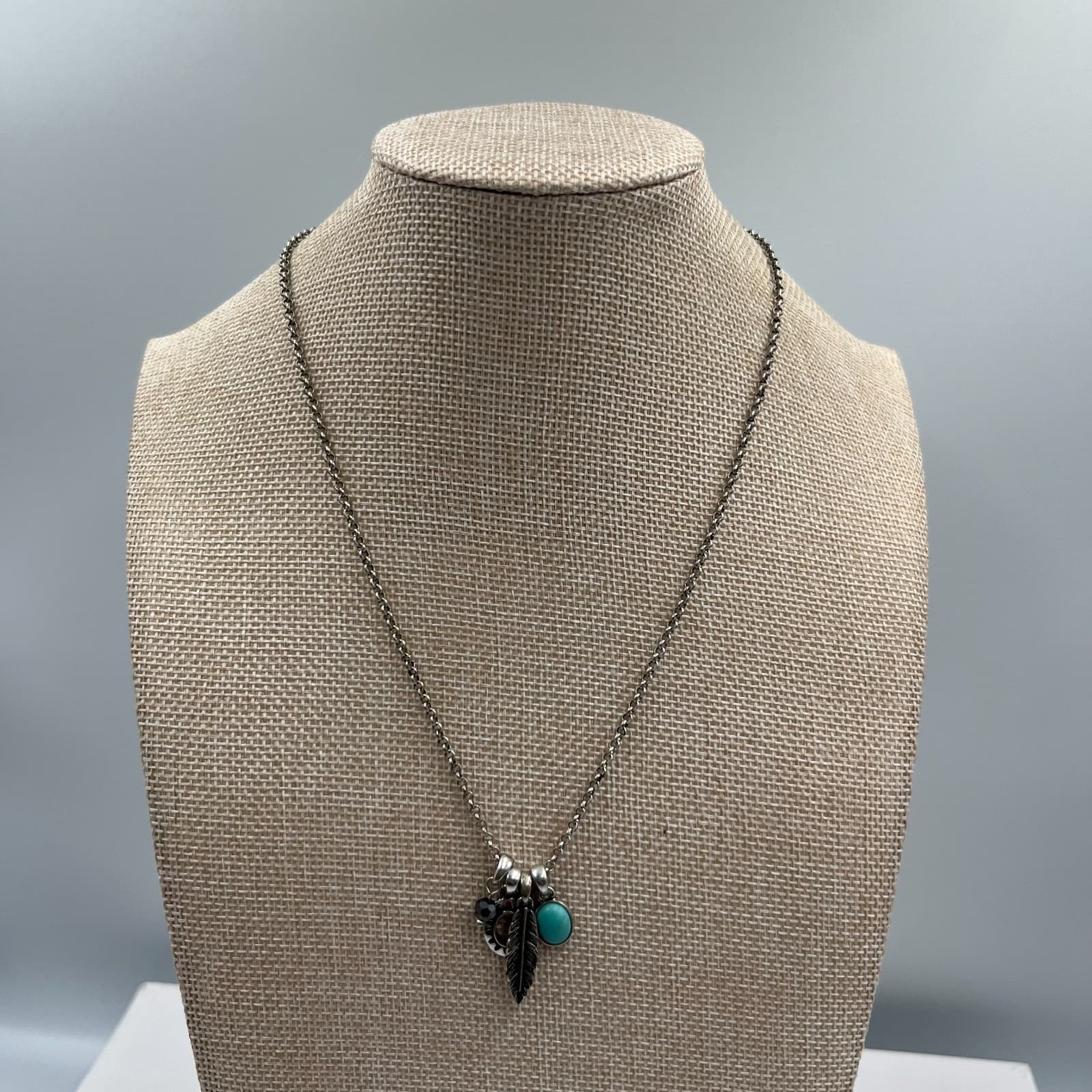 Western Silver-Tone Rolo Chain Feather Turquoise & Sun Charm Cluster Necklace - Thumbnail 2