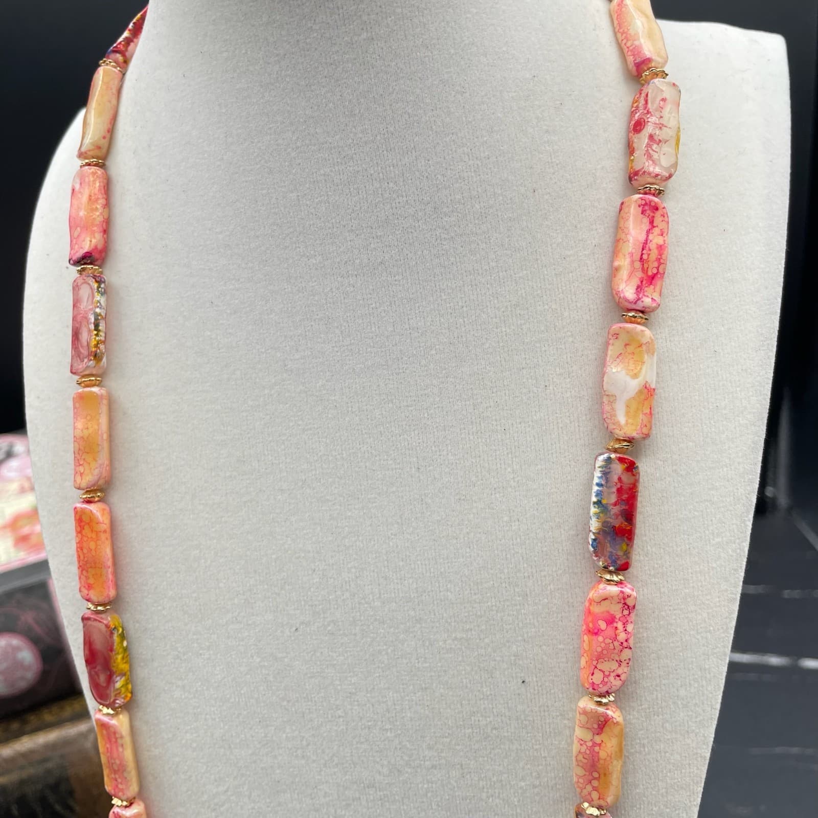 Multi-Color Classic Long Rectangular Tablet Opal Beaded Strand Magnetic Necklace - Thumbnail 9