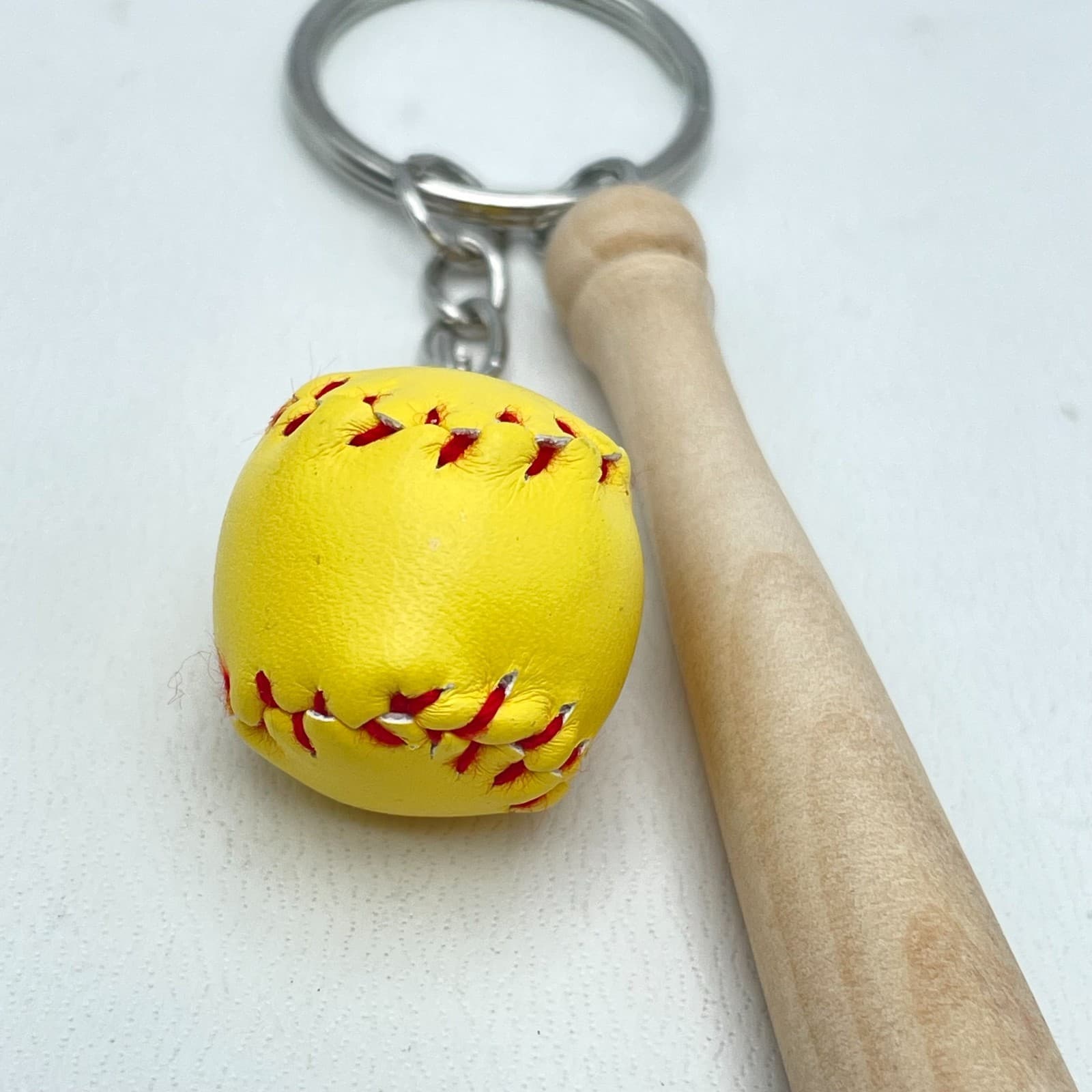 Vintage 90s Silver Tone Mini Yellow Soft Baseball Wood Bat Charm Keychain - Thumbnail 5