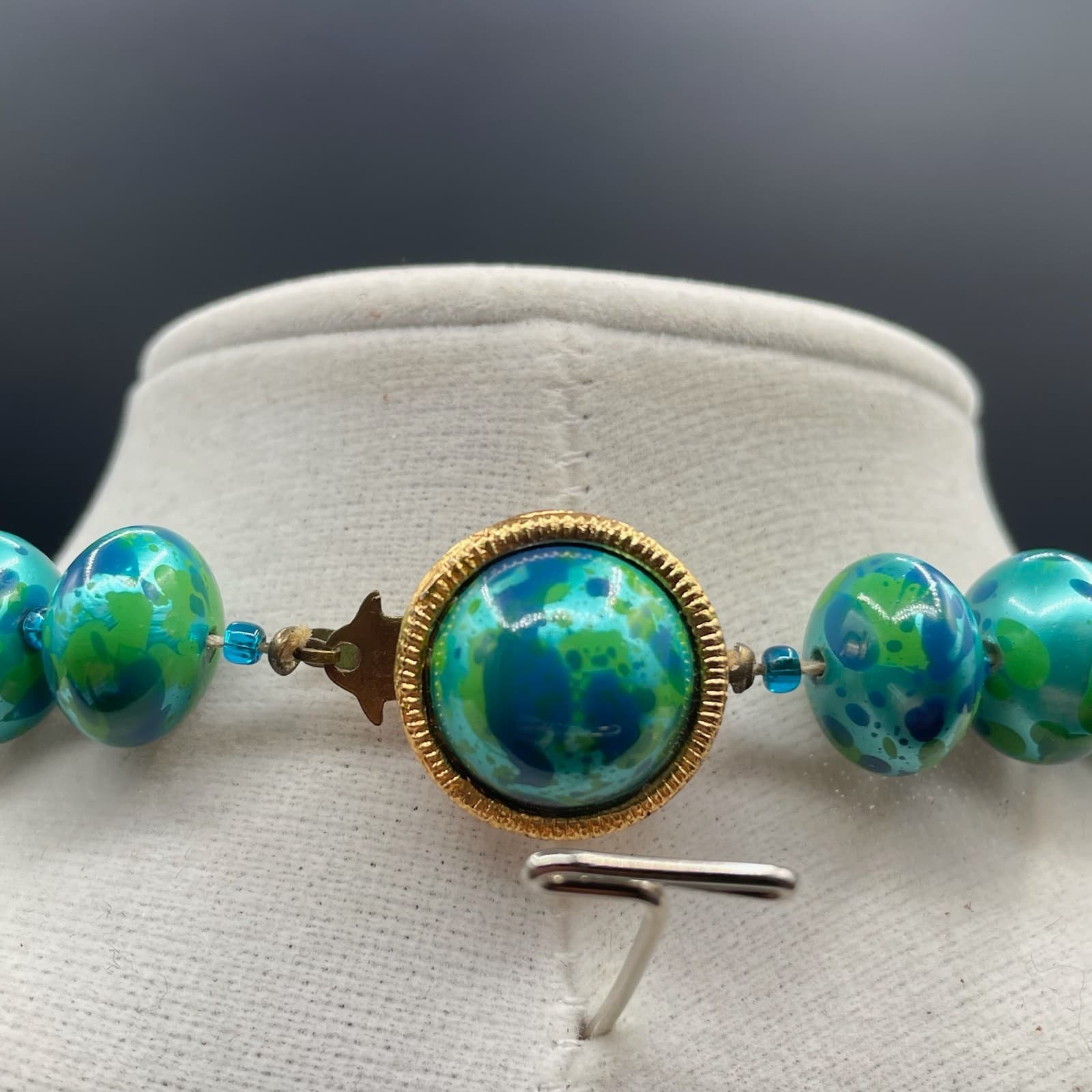 Vintage Green Classic Fashion Bezel Glass Chrysocolla Beaded Statement Necklace - Thumbnail 8