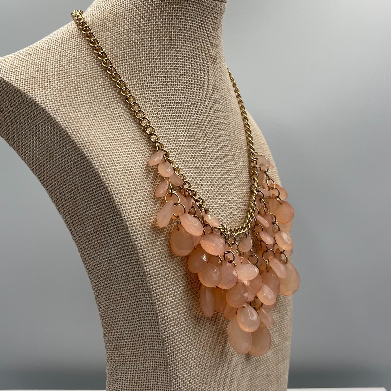 Gold-Tone Pastel Pink Teardrop Beaded Waterfall Fringe Bib Statement Necklace - Thumbnail 5