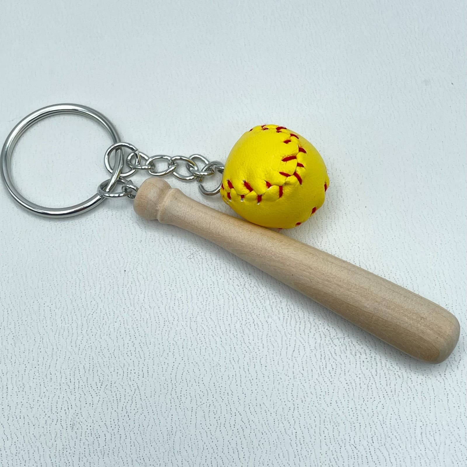 Vintage 90s Silver Tone Mini Yellow Soft Baseball Wood Bat Charm Keychain - Thumbnail 6