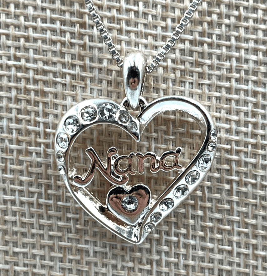 Gift Jewelry Silver-Tone Box Chain Clear Rhinestone Nana Heart Pendant Necklace - Image 1