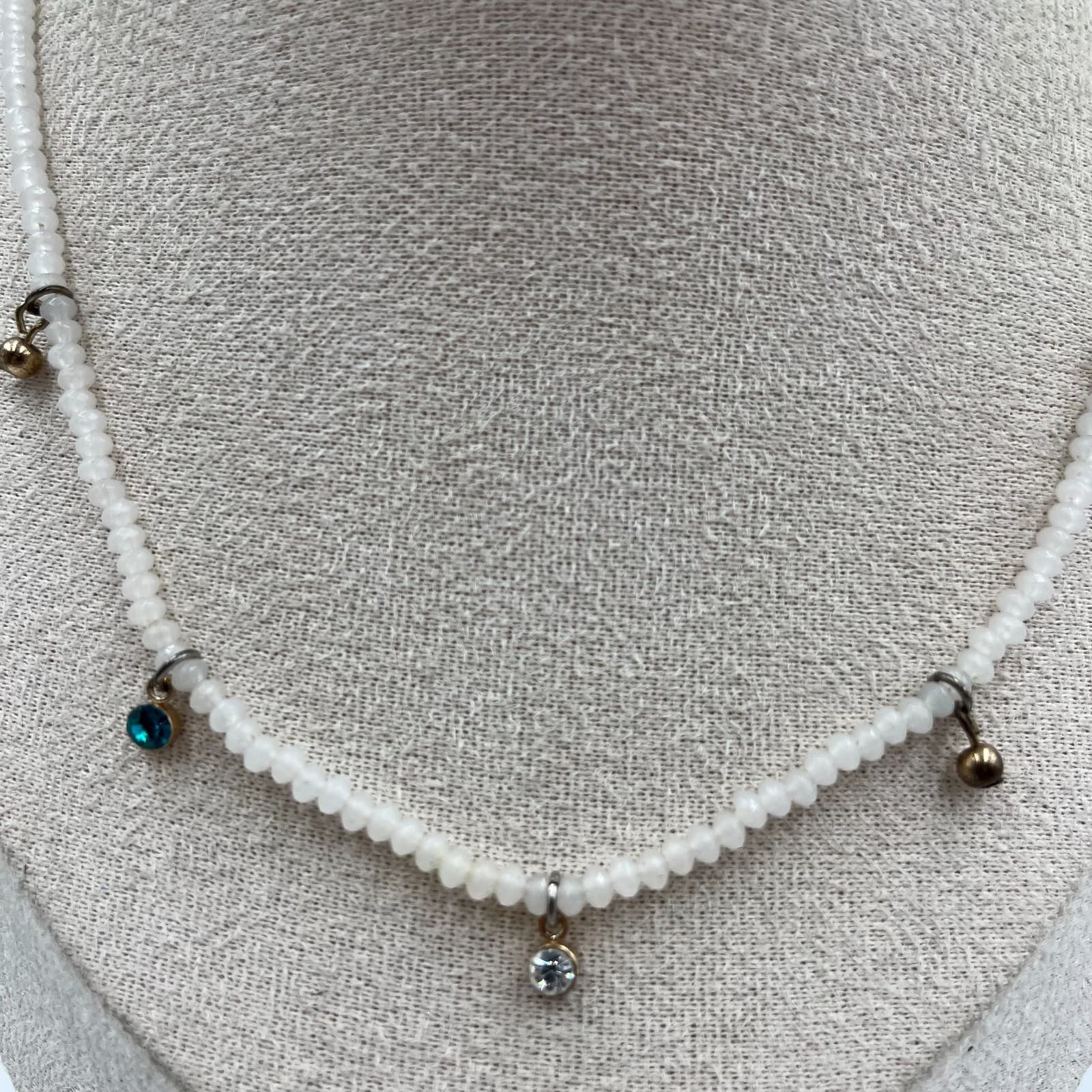 Vintage White Beaded Necklace Multicolor Crystal Charm Gold Tone Boho Statement - Thumbnail 3