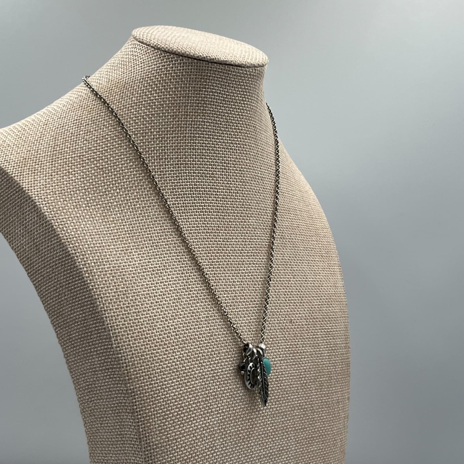 Western Silver-Tone Rolo Chain Feather Turquoise & Sun Charm Cluster Necklace - Thumbnail 5