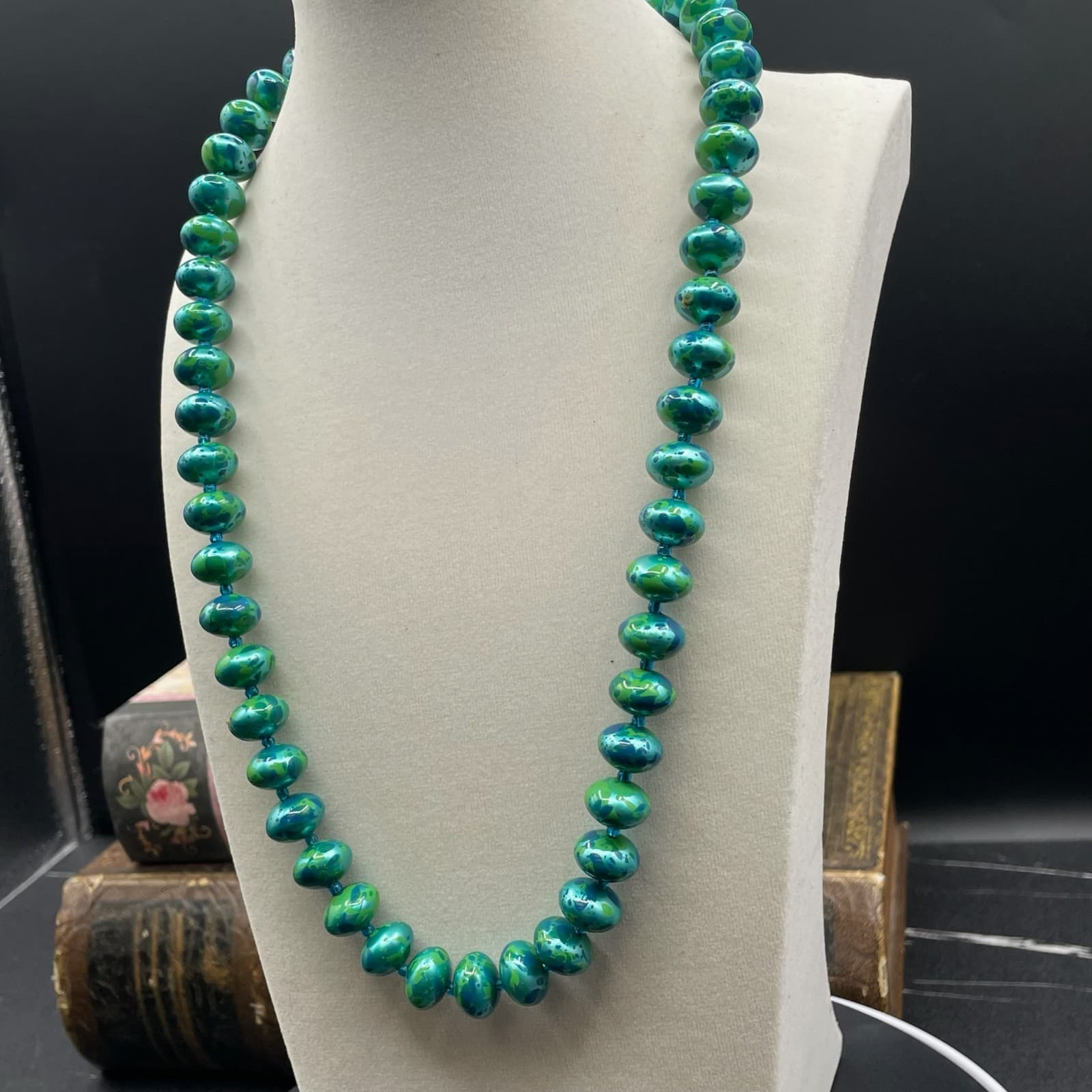 Vintage Green Classic Fashion Bezel Glass Chrysocolla Beaded Statement Necklace - Thumbnail 6