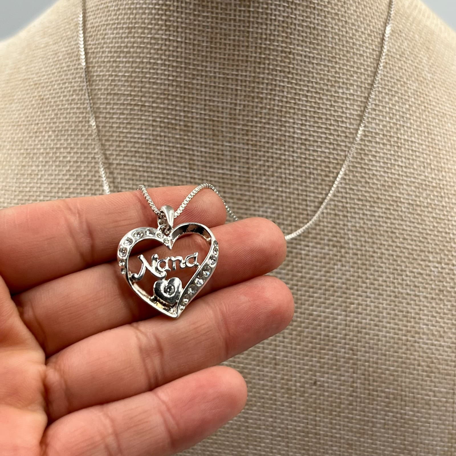 Gift Jewelry Silver-Tone Box Chain Clear Rhinestone Nana Heart Pendant Necklace - Thumbnail 4