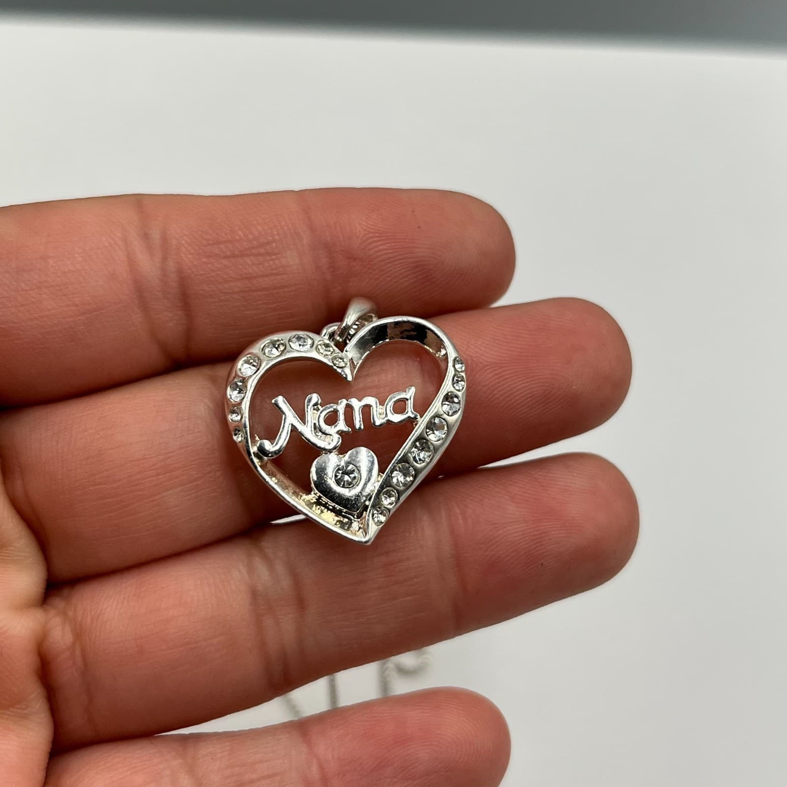 Gift Jewelry Silver-Tone Box Chain Clear Rhinestone Nana Heart Pendant Necklace - Thumbnail 8