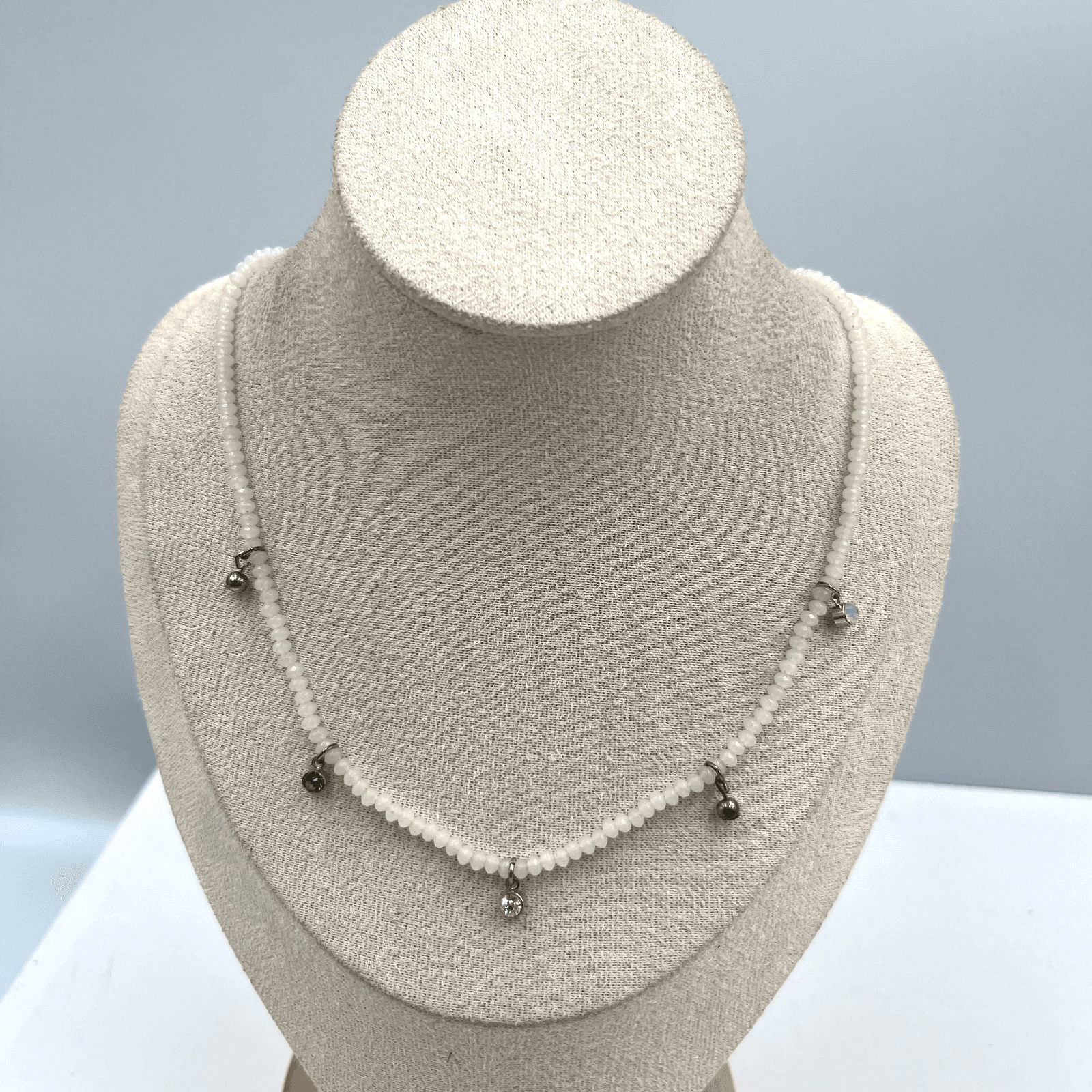 Vintage White Beaded Necklace Multicolor Crystal Charm Gold Tone Boho Statement - Image 1