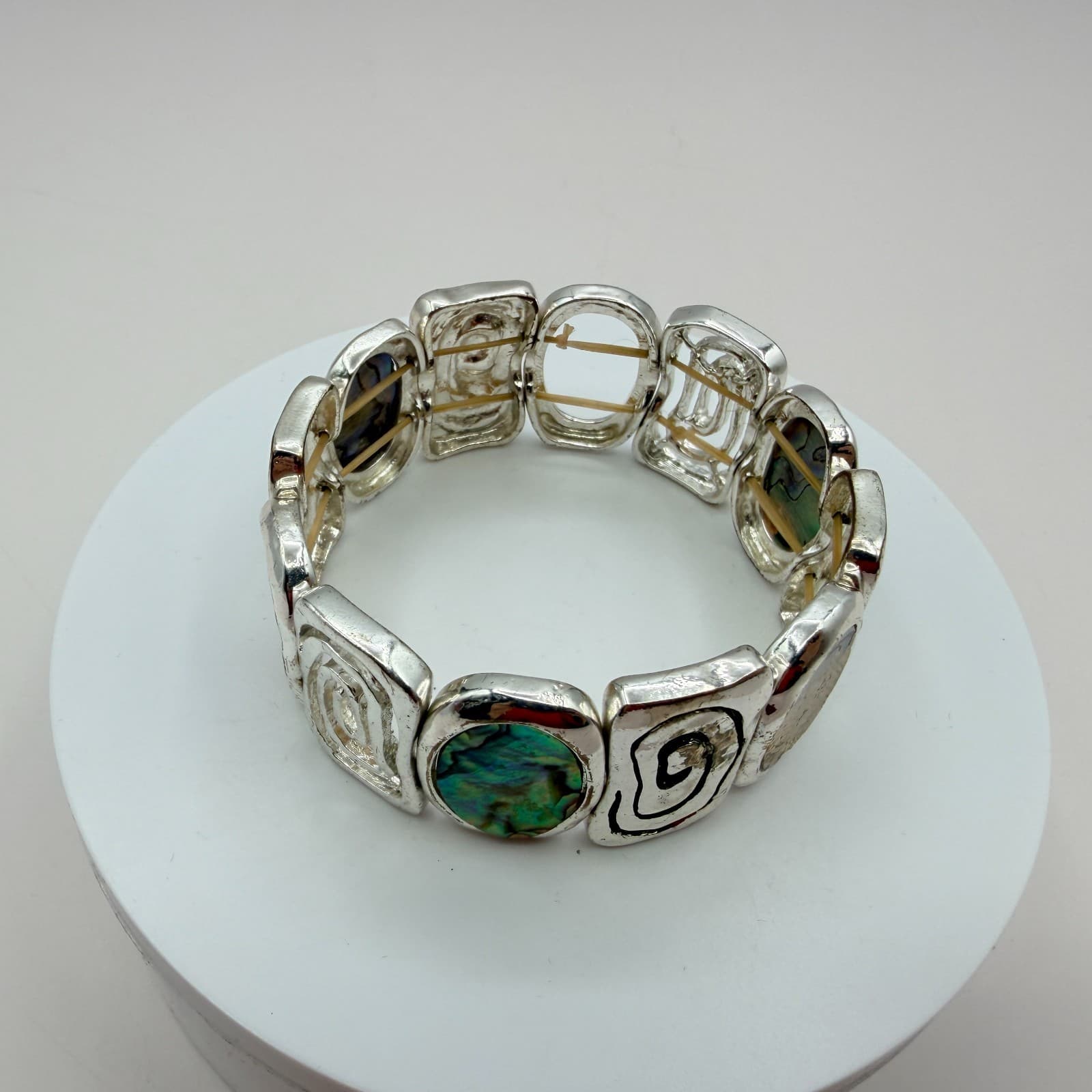 Vintage Y2K Silver Tone Abalone Shell Stretch Bracelet Boho Swirl Inlay Jewelry - Thumbnail 3