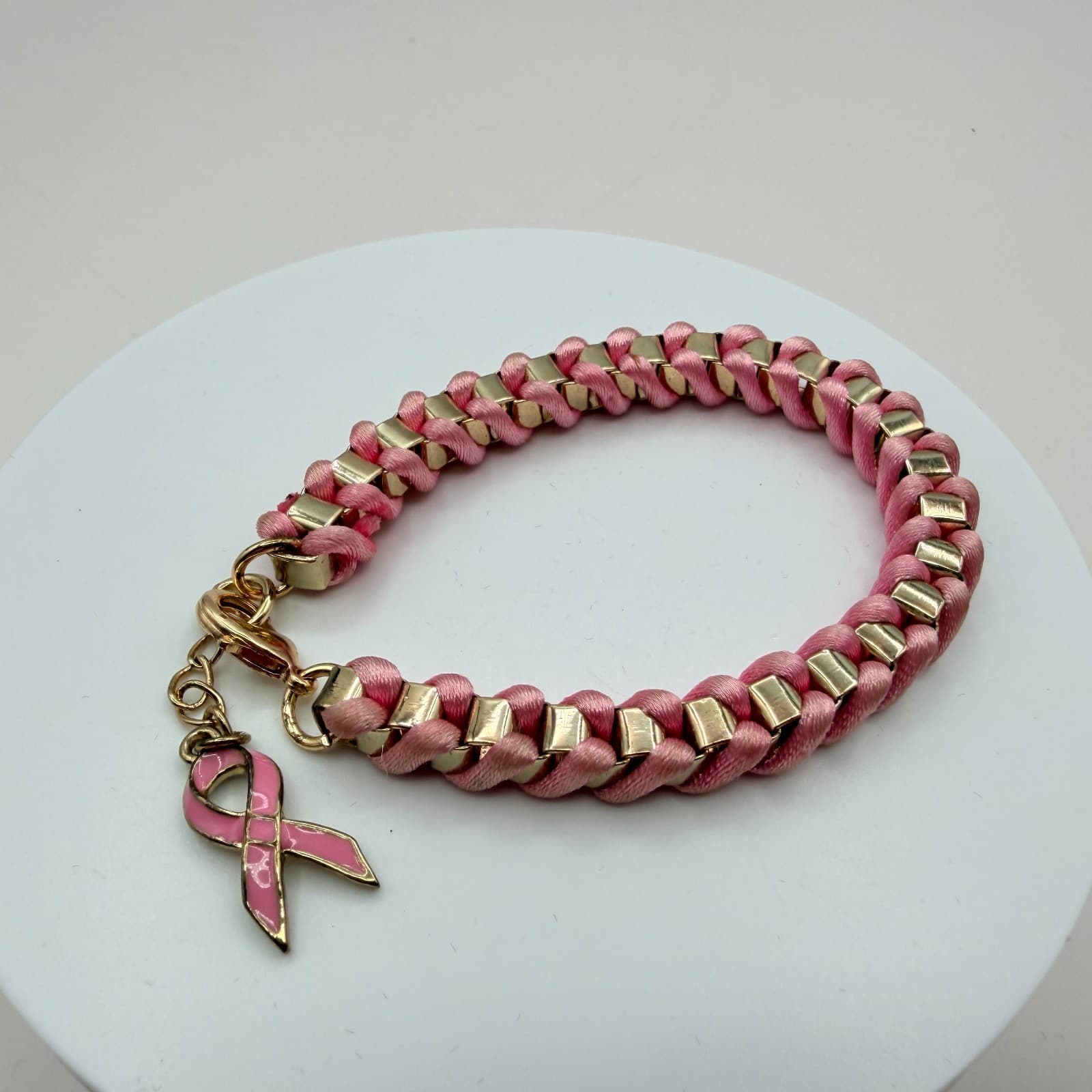 Vintage Y2K Pink Ribbon Breast Cancer Awareness Gold Tone Woven Cord Jewelry - Image 1