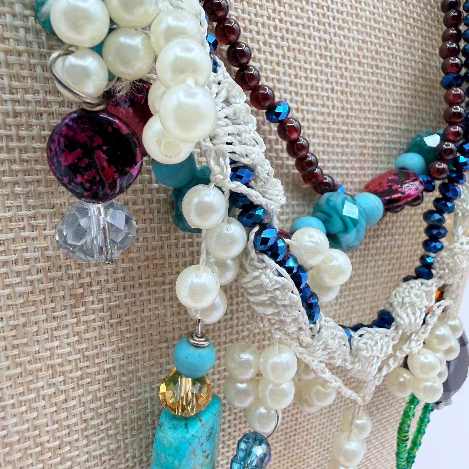 Vintage Y2K Multi Strand Beaded Turquoise Pearl Necklace Boho Statement Jewelry - Thumbnail 6