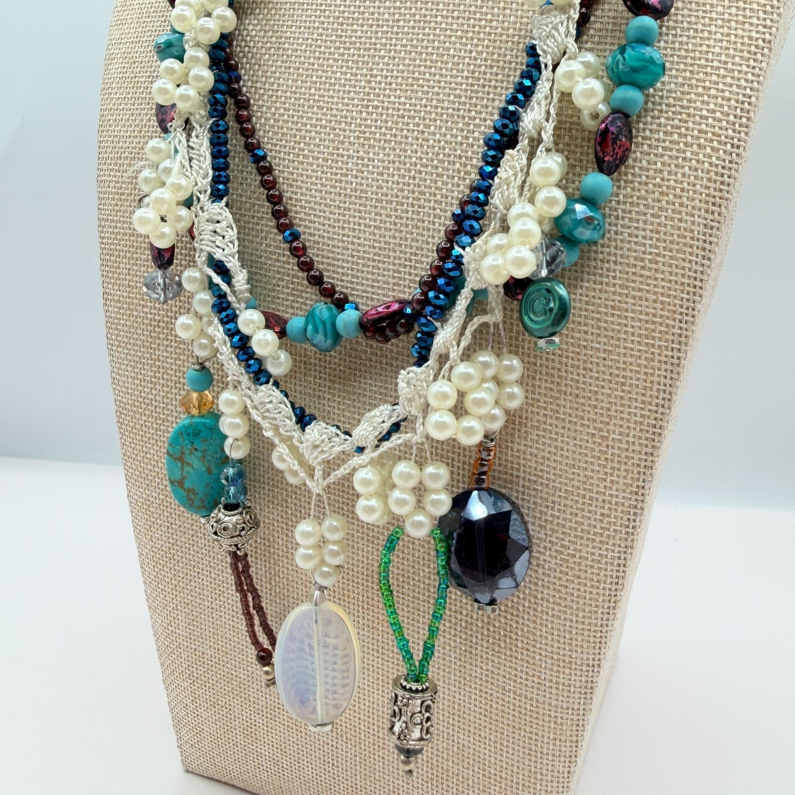 Vintage Y2K Multi Strand Beaded Turquoise Pearl Necklace Boho Statement Jewelry - Thumbnail 8
