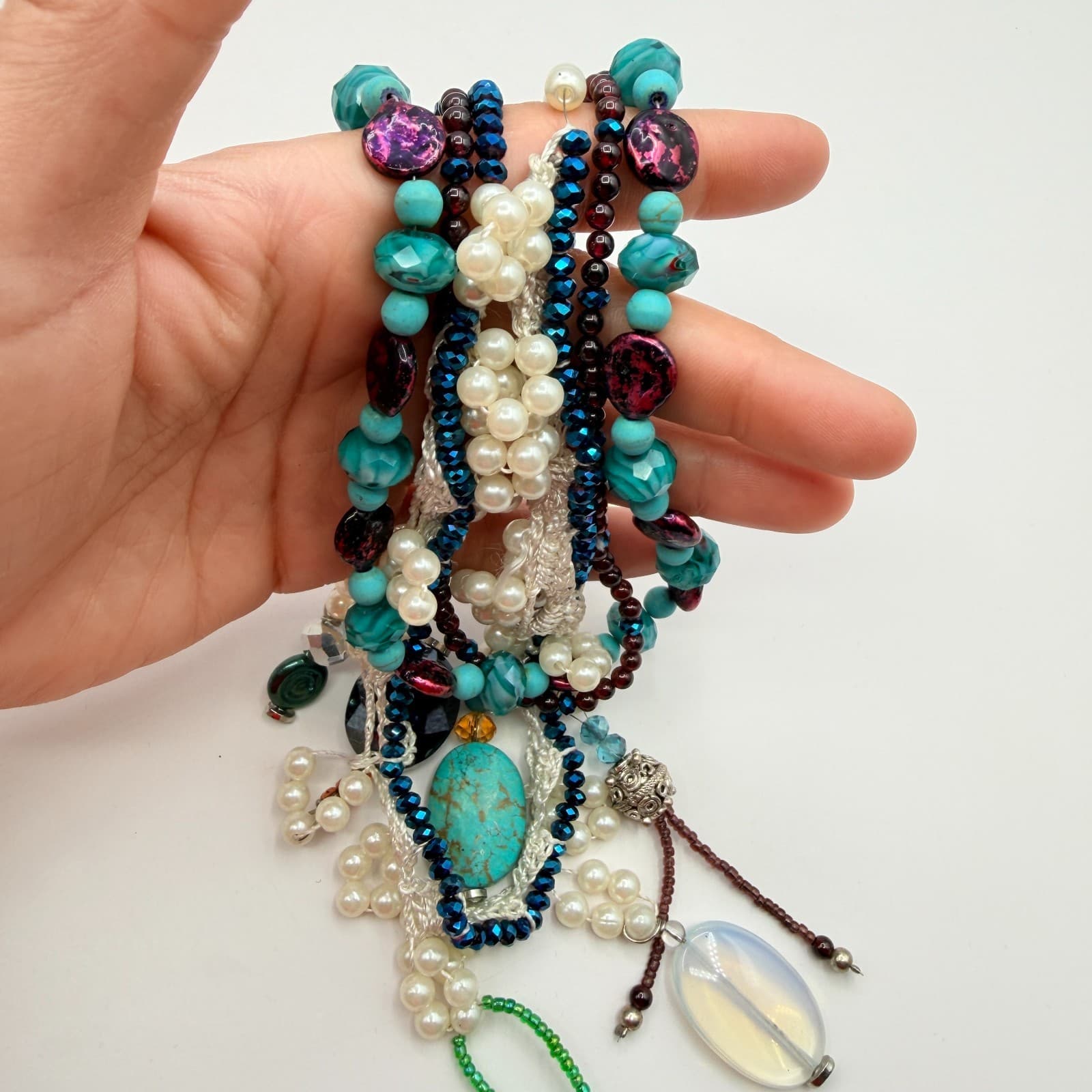 Vintage Y2K Multi Strand Beaded Turquoise Pearl Necklace Boho Statement Jewelry - Thumbnail 12