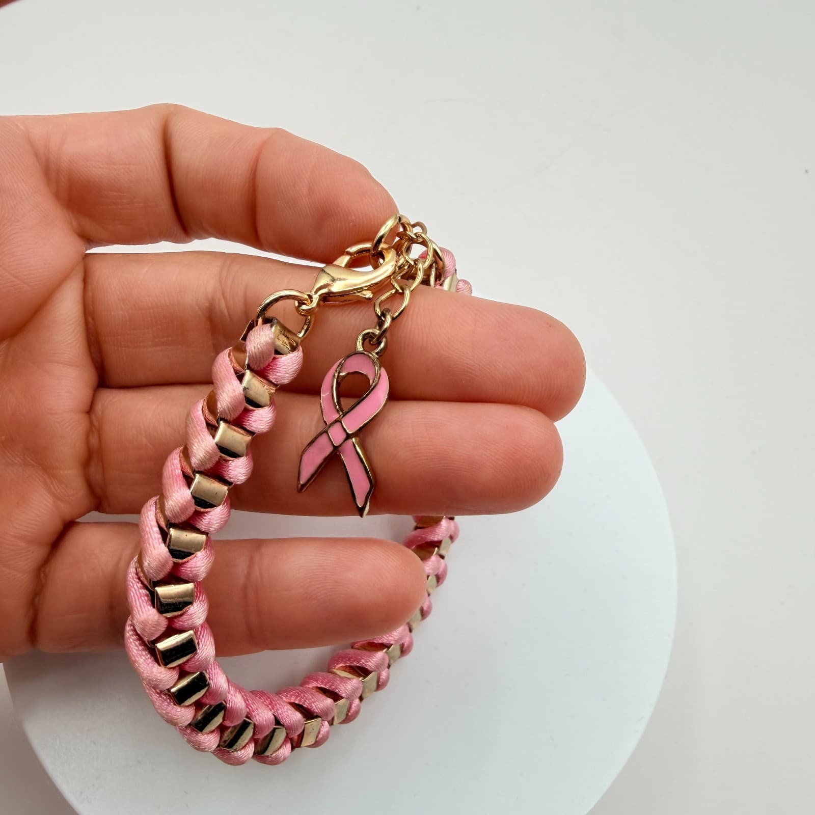 Vintage Y2K Pink Ribbon Breast Cancer Awareness Gold Tone Woven Cord Jewelry - Thumbnail 2