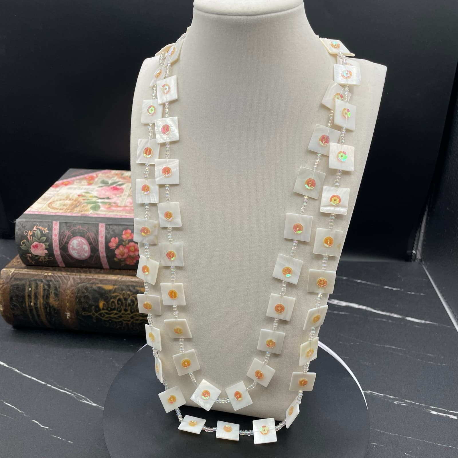 Contemporary White Mother-Of-Pearl Crystal Beaded Double Stranded Necklace - Image 1