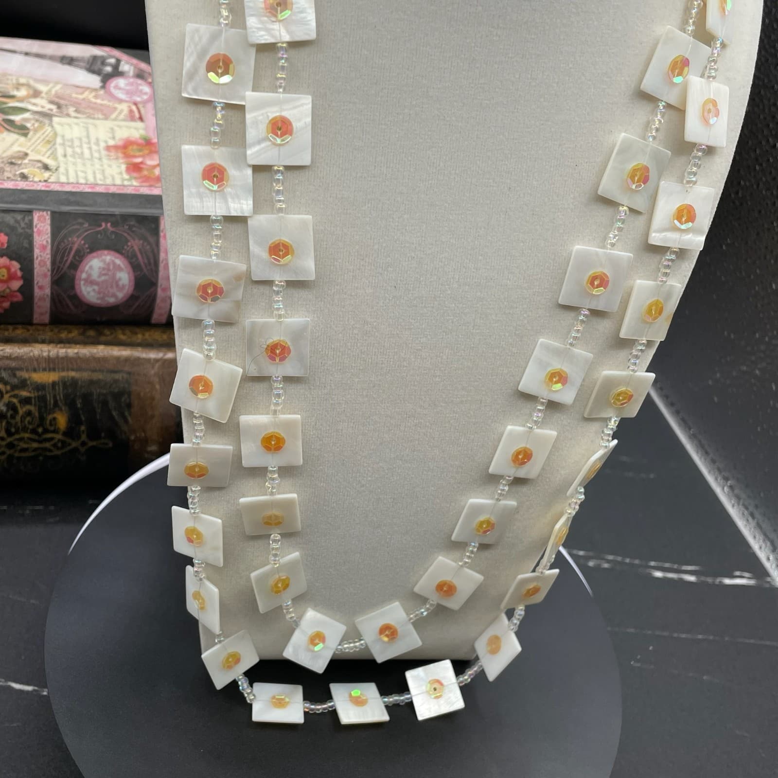 Contemporary White Mother-Of-Pearl Crystal Beaded Double Stranded Necklace - Thumbnail 3