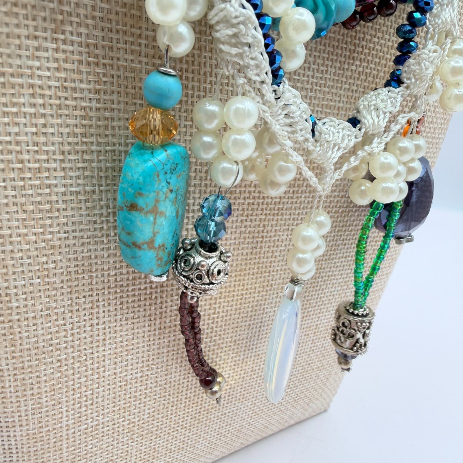 Vintage Y2K Multi Strand Beaded Turquoise Pearl Necklace Boho Statement Jewelry - Thumbnail 7