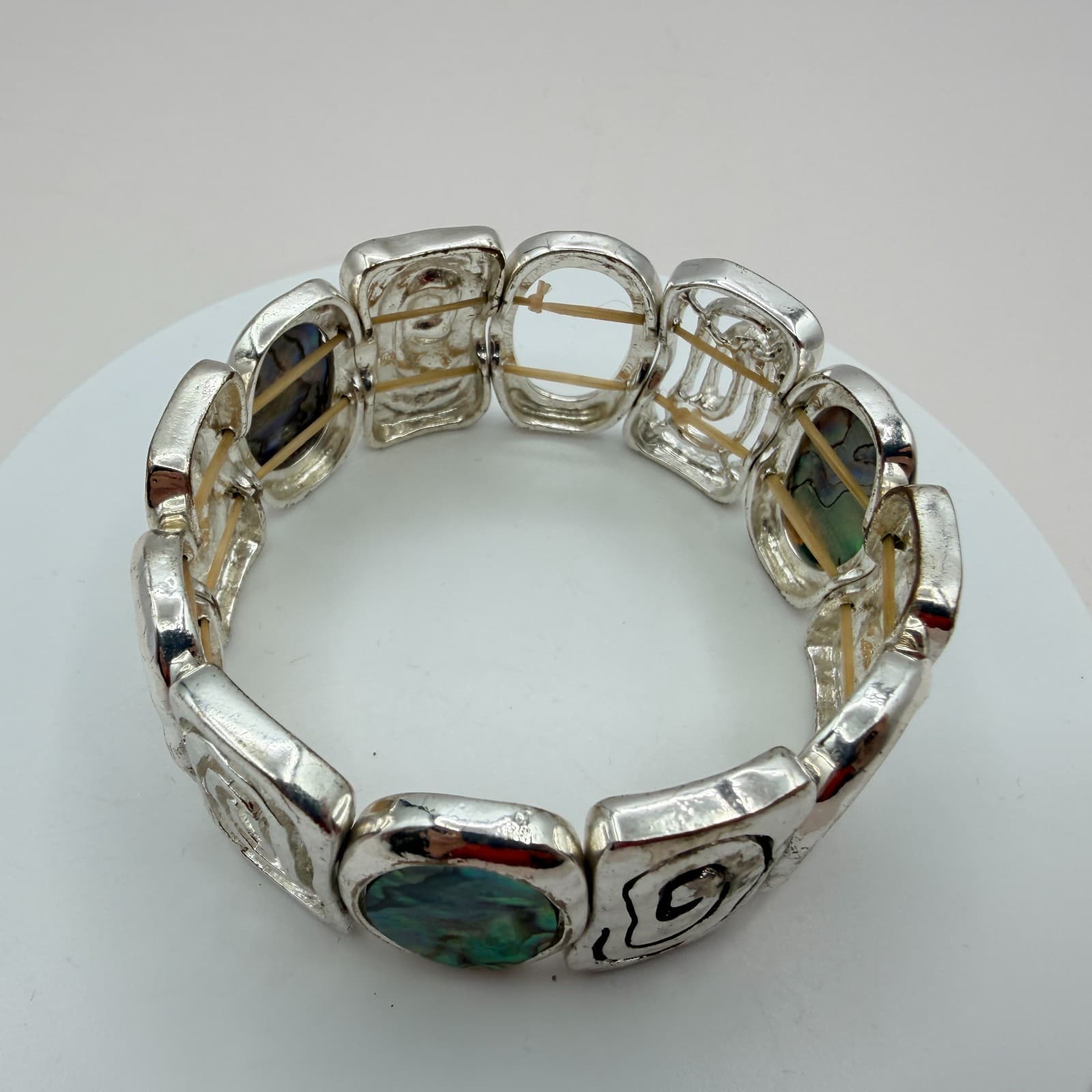 Vintage Y2K Silver Tone Abalone Shell Stretch Bracelet Boho Swirl Inlay Jewelry - Thumbnail 4