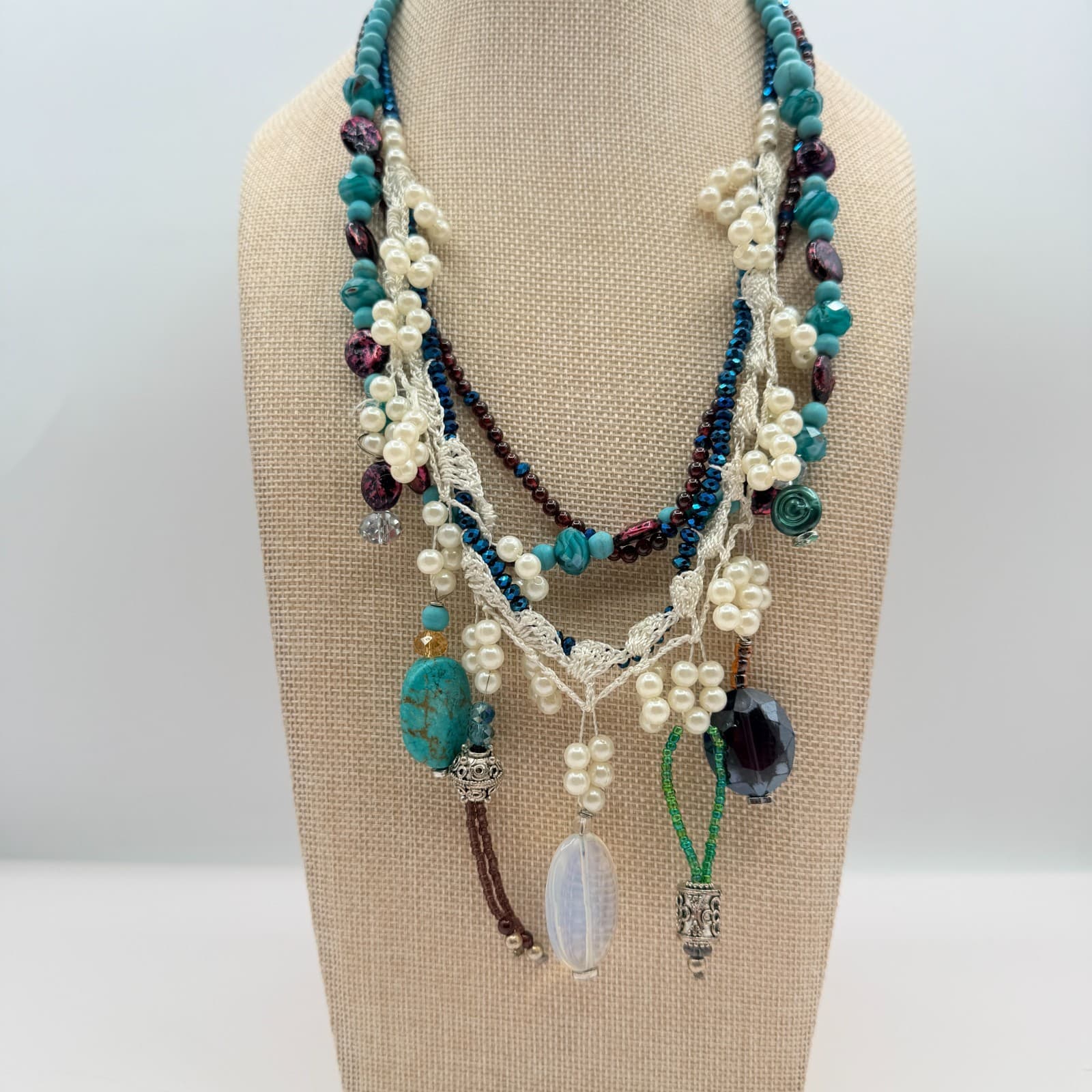 Vintage Y2K Multi Strand Beaded Turquoise Pearl Necklace Boho Statement Jewelry - Image 1