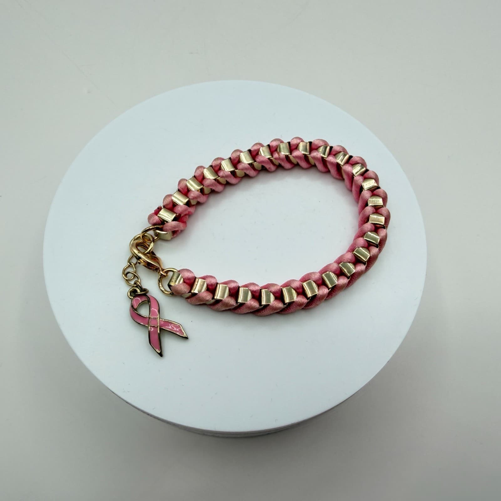 Vintage Y2K Pink Ribbon Breast Cancer Awareness Gold Tone Woven Cord Jewelry - Thumbnail 6