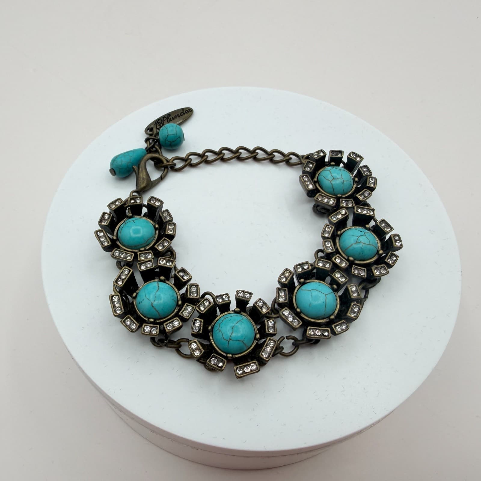 Vintage Y2K Plunder Bronze Tone Turquoise Rhinestone Bracelet Women's Jewelry - Thumbnail 5
