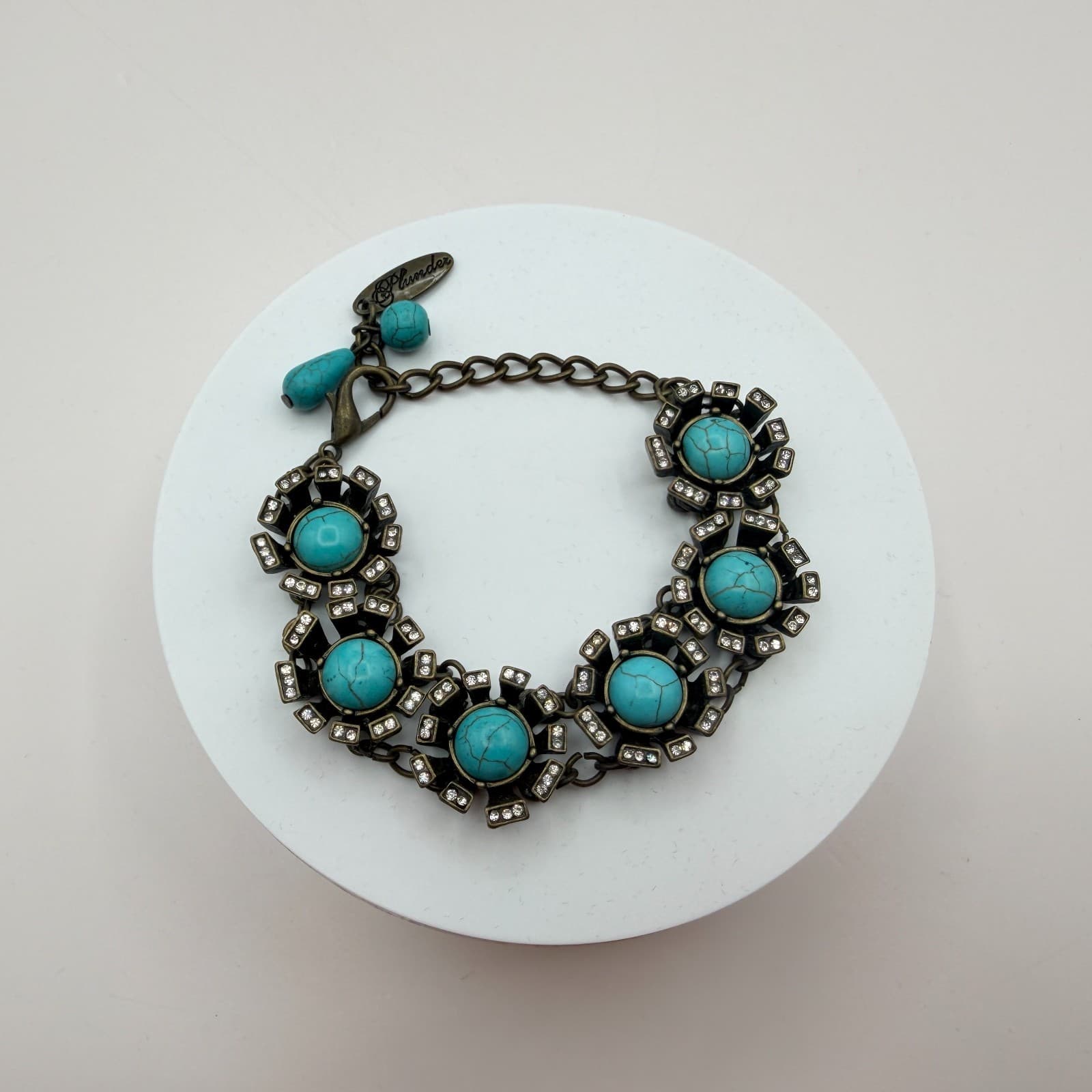 Vintage Y2K Plunder Bronze Tone Turquoise Rhinestone Bracelet Women's Jewelry - Thumbnail 6