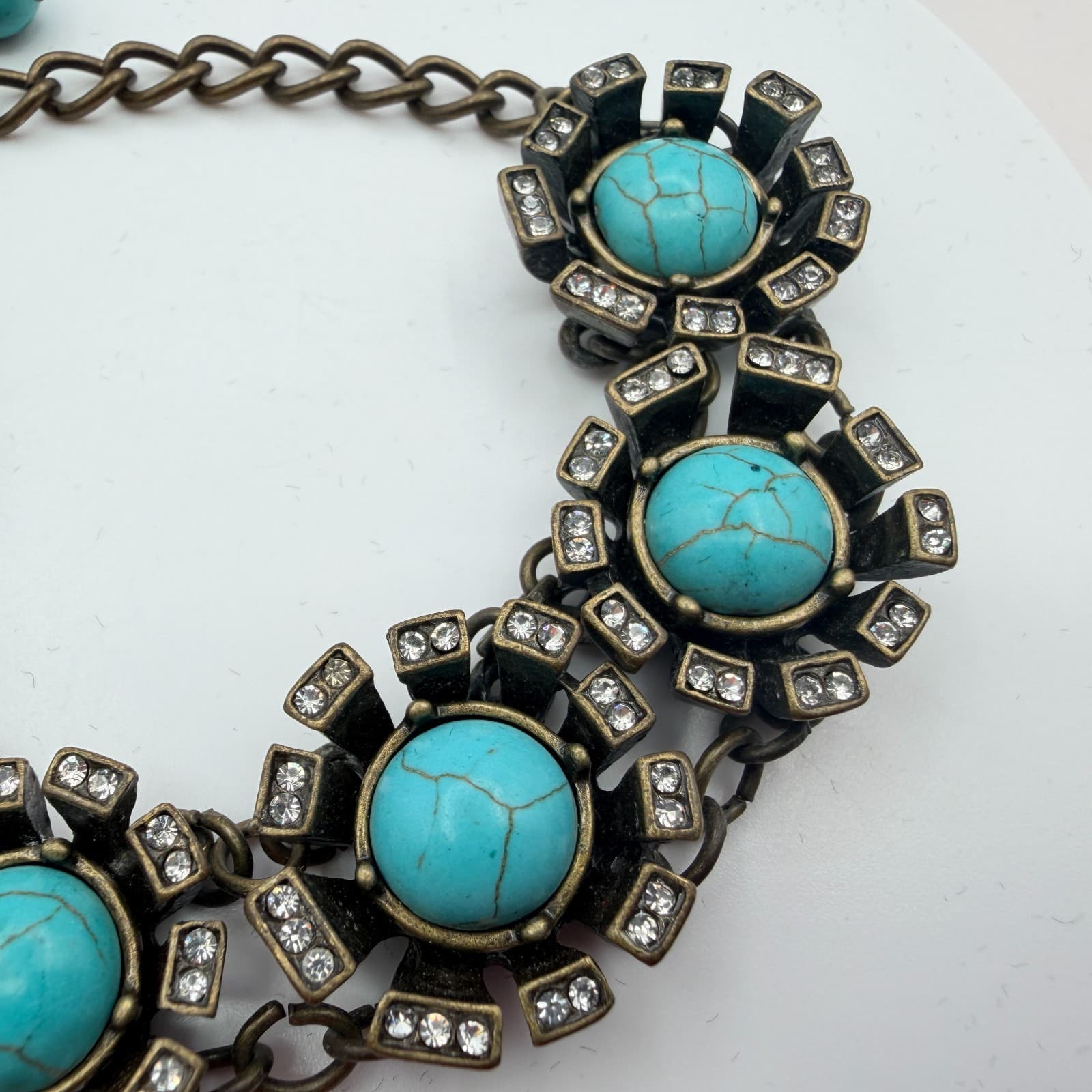 Vintage Y2K Plunder Bronze Tone Turquoise Rhinestone Bracelet Women's Jewelry - Thumbnail 7