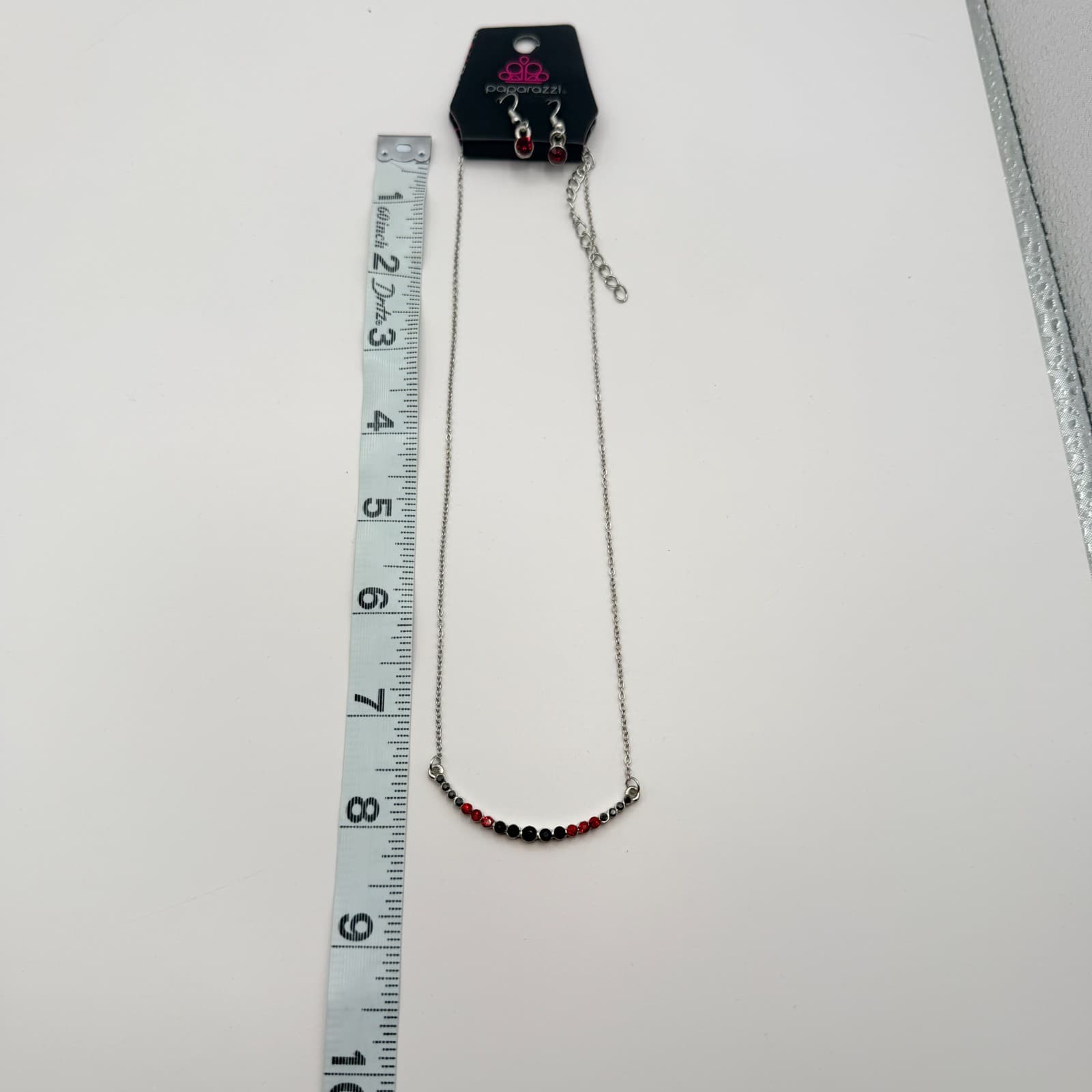 Vintage Y2K Paparazzi Red Black Rhinestone Silver Tone Necklace Earrings Jewelry - Thumbnail 3