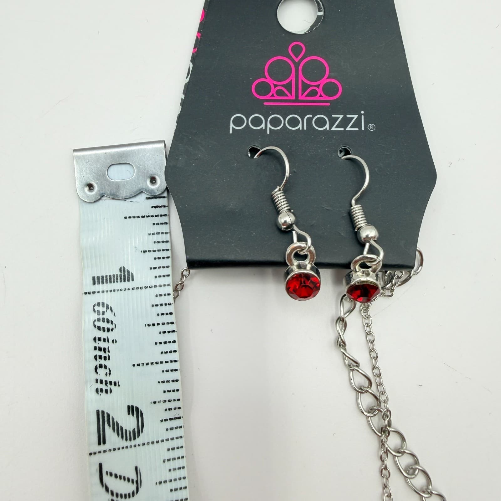 Vintage Y2K Paparazzi Red Black Rhinestone Silver Tone Necklace Earrings Jewelry - Thumbnail 4